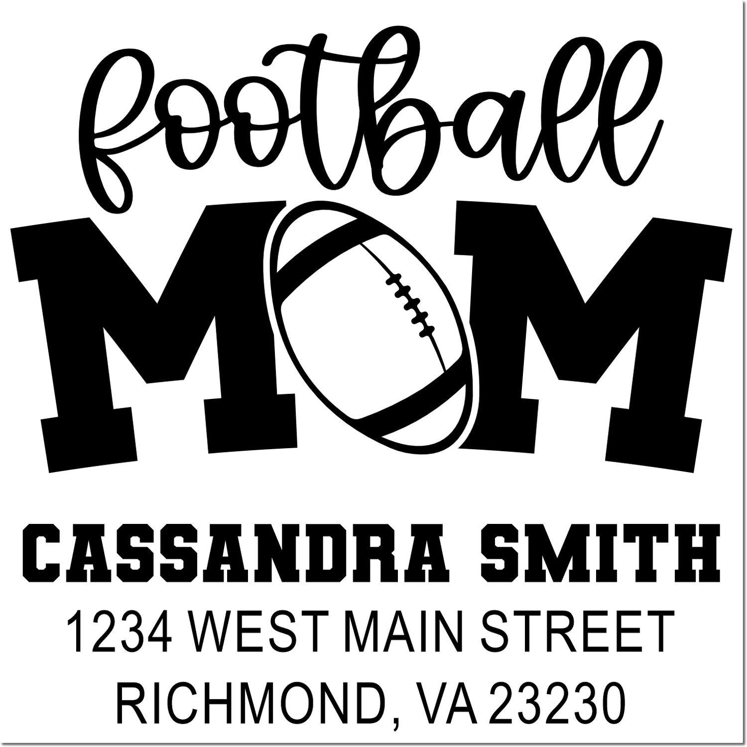 Football mom custom rubber stamp with Cassandra Smith name and Richmond, VA 23230 address for personalized mailing.