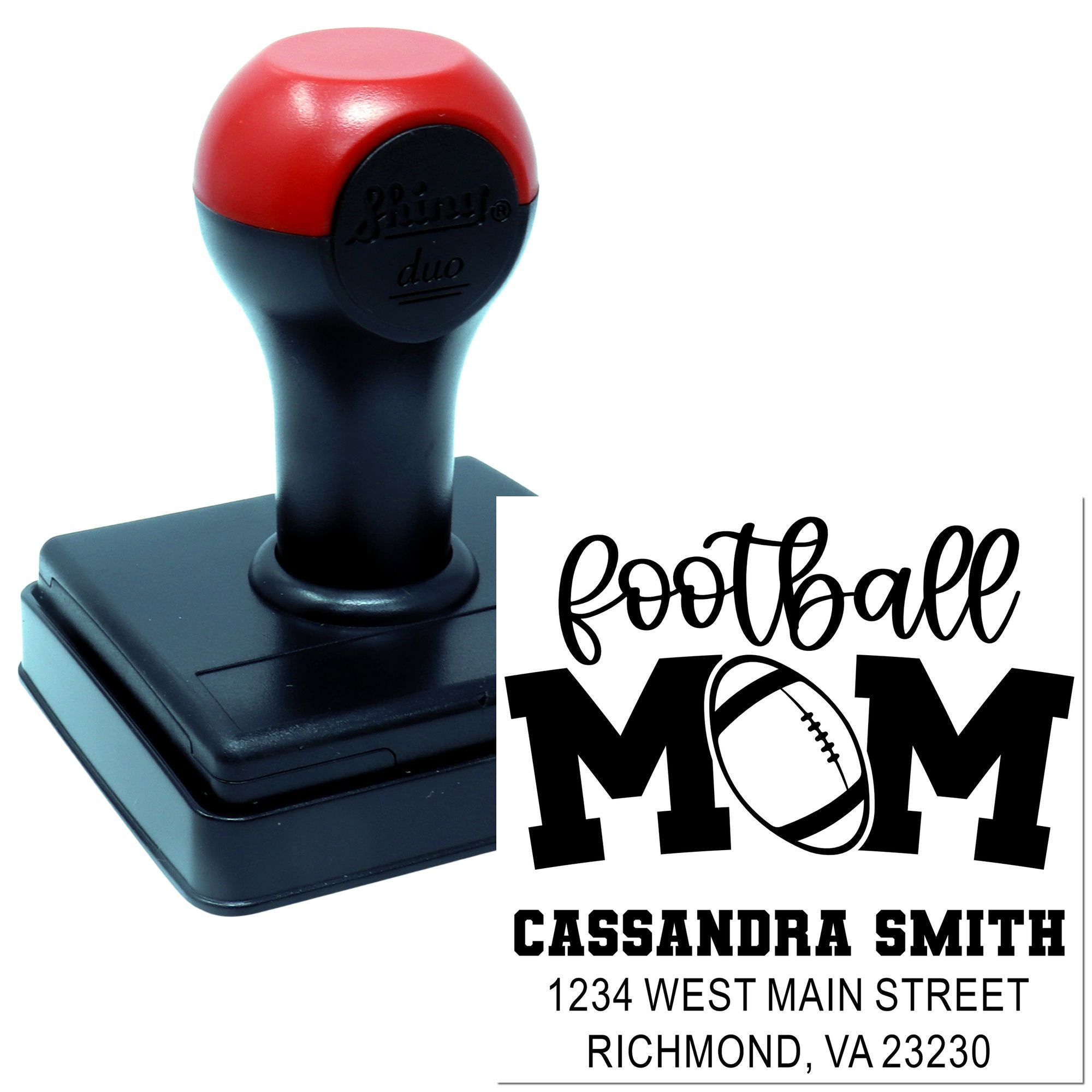 Personalized football mom rubber stamp with self-inking stamper and custom name and address imprint.