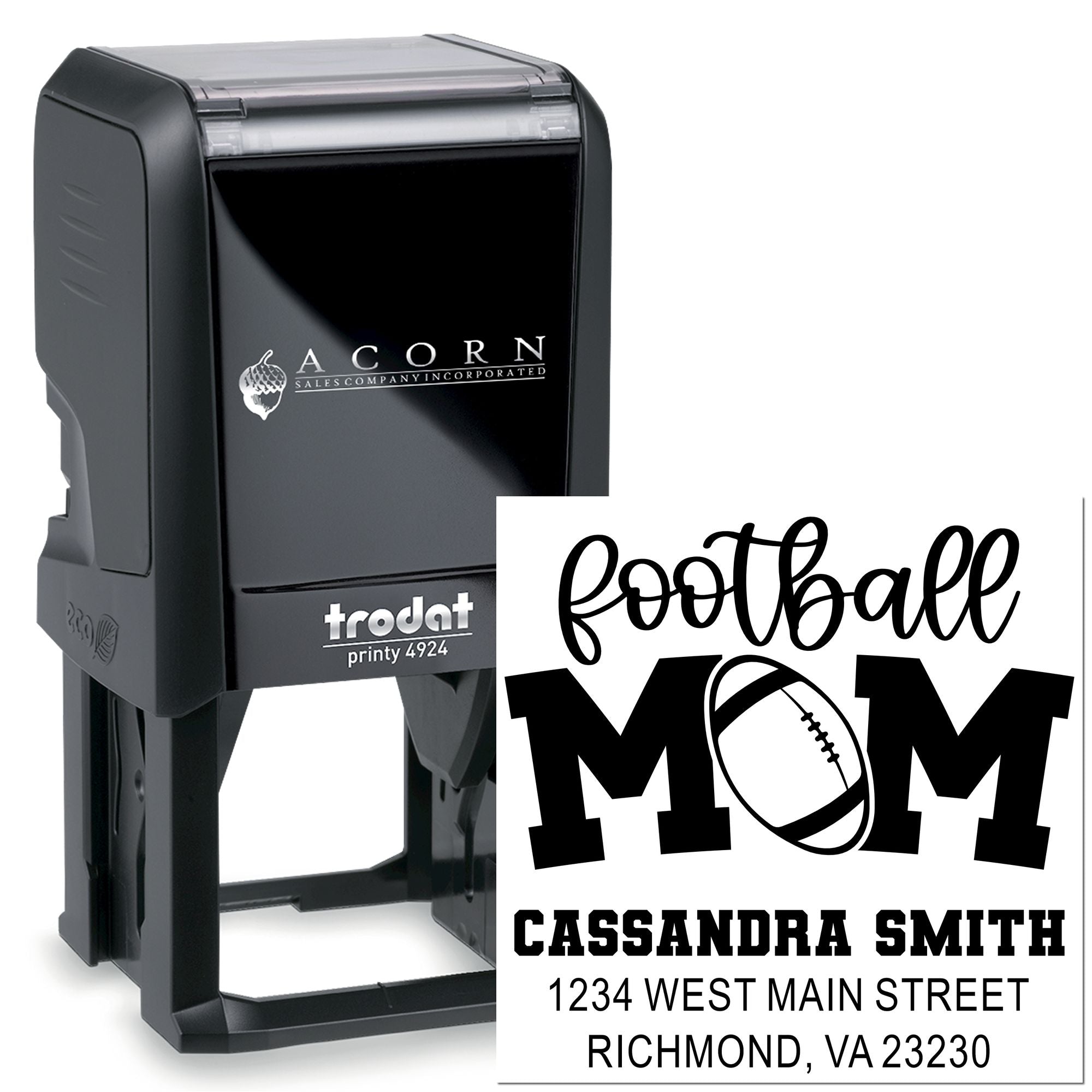 Personalized self-inking rubber stamp with football mom design, name, and address on Trodat Printy 4924.