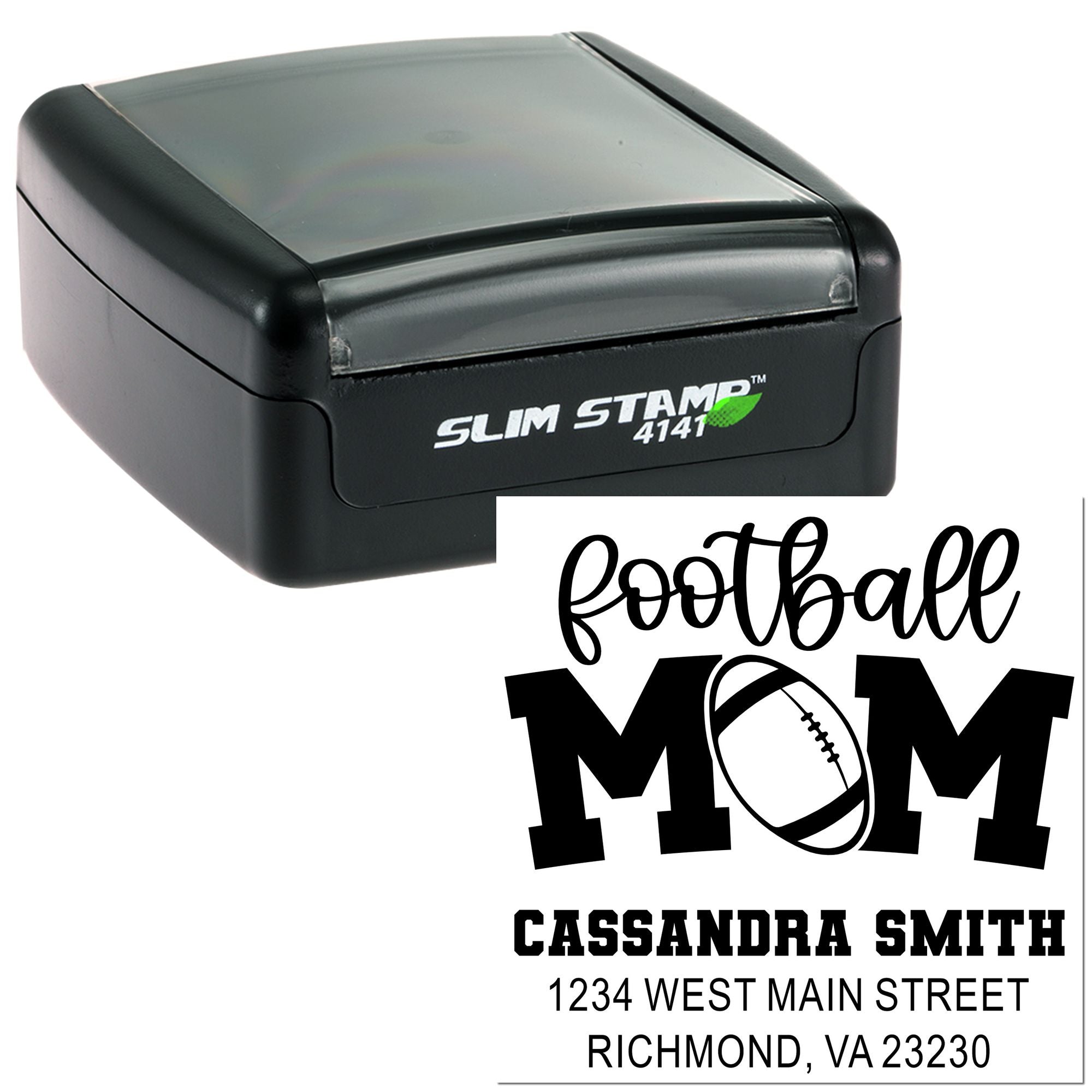 Custom self-inking rubber stamp for football mom, personalized with name and address for mailing labels and craft projects.