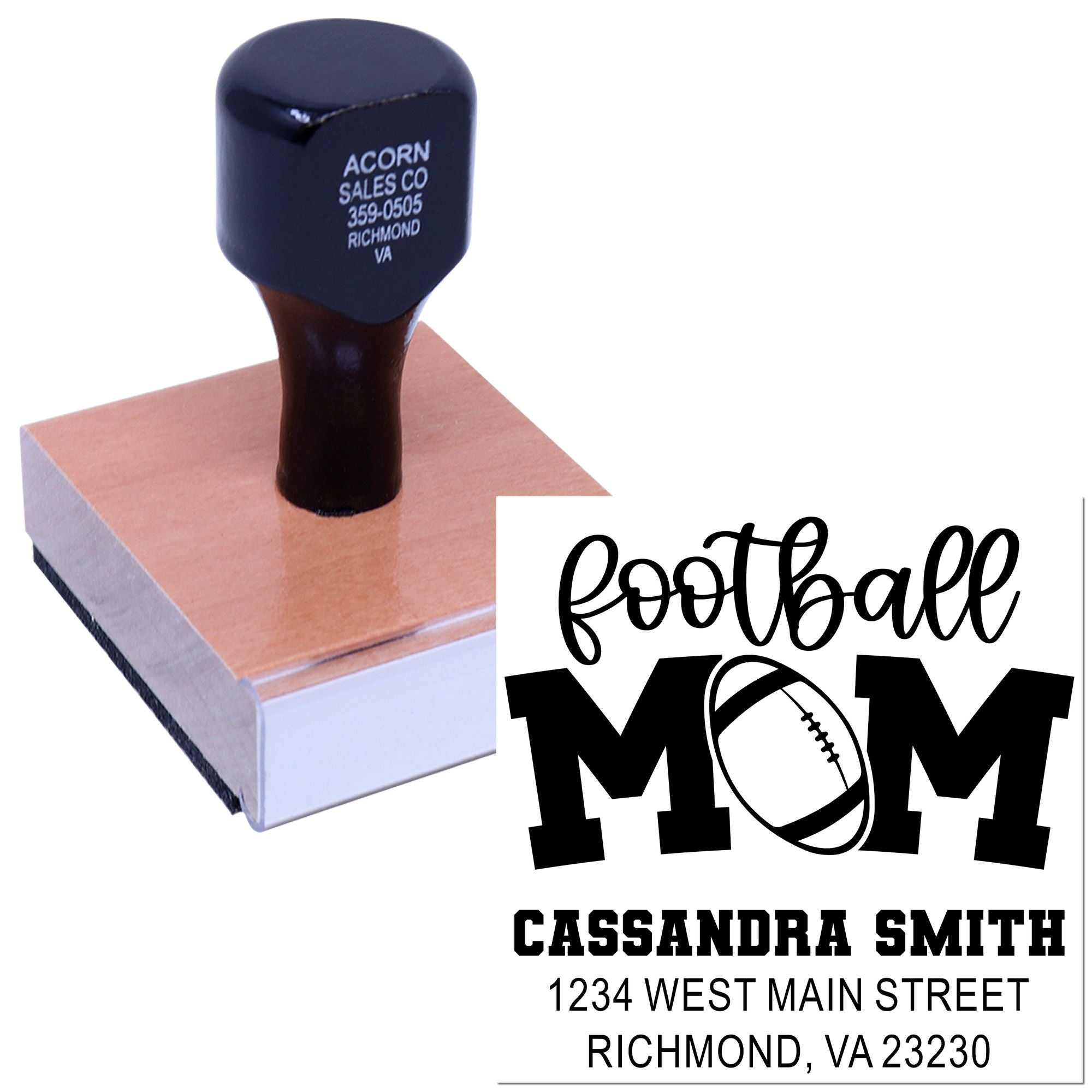 Custom football mom return address rubber stamp with personalized name, street address, and sports-themed design.