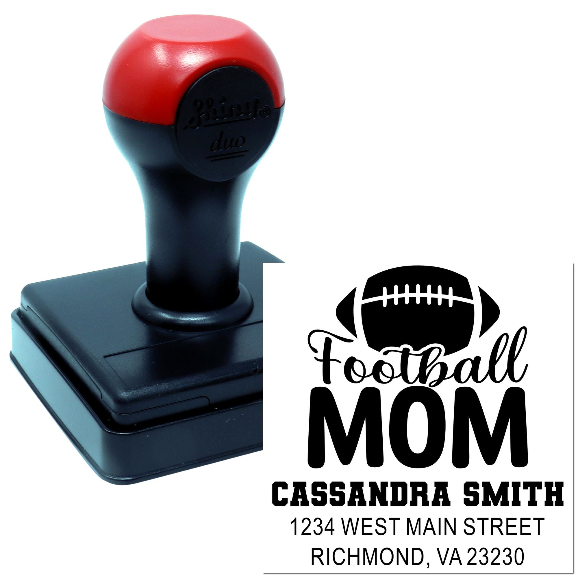 Custom football mom self-inking rubber stamp with personalized name and address for sports fan mail and gifts