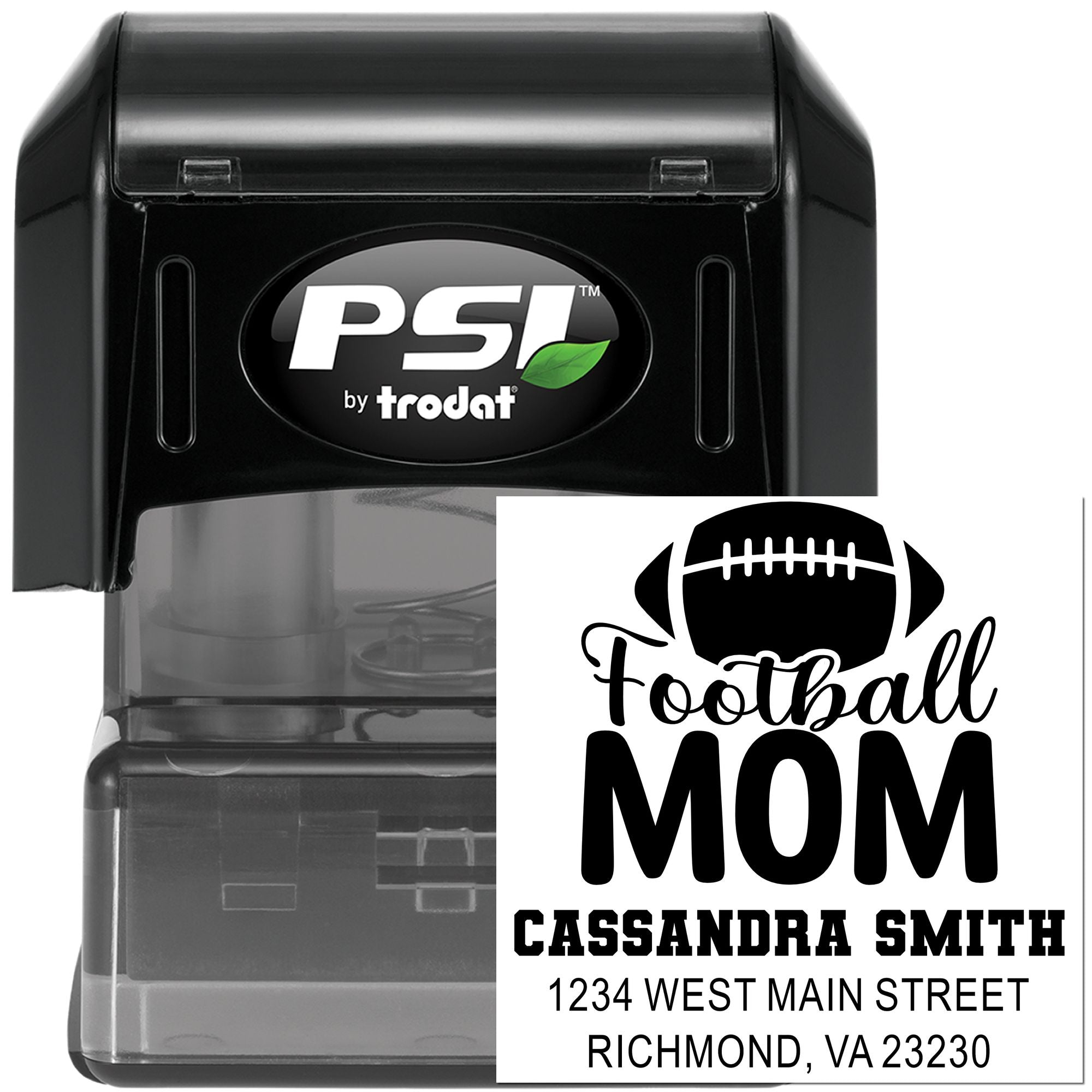 Custom football mom address rubber stamp, PSI by Trodat self-inking stamp for personalized name and address labels.