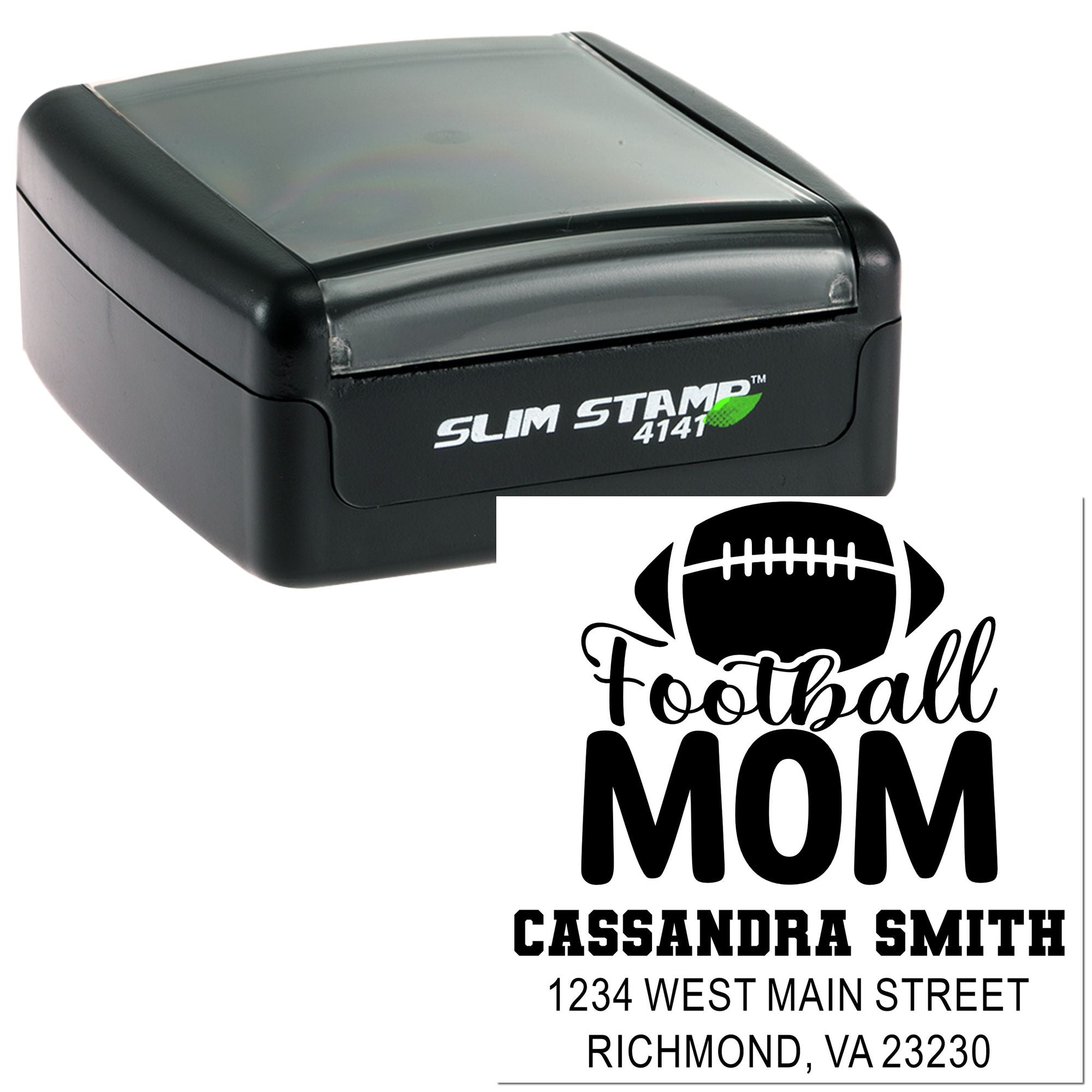 Custom self-inking rubber stamp for football mom with personalized name and address, featuring a football graphic.