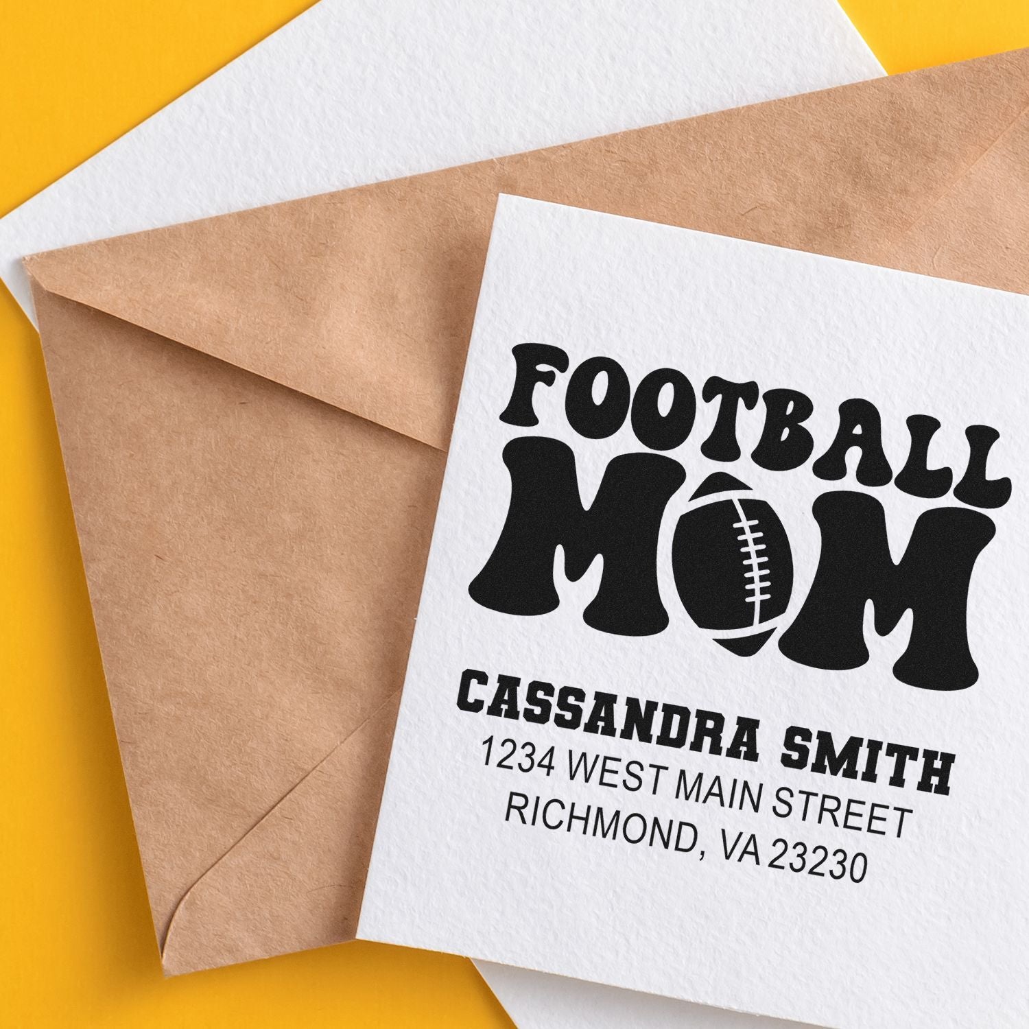 Custom football mom return address rubber stamp for envelopes, personalized with name and Richmond, VA address.