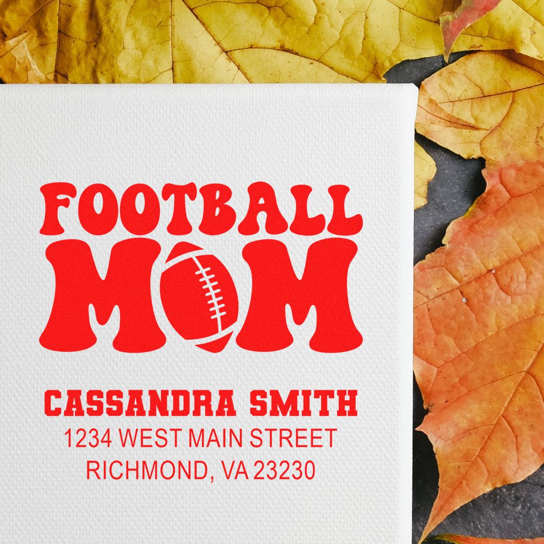 Personalized football mom rubber stamp sample for return addresses, featuring custom name and address.