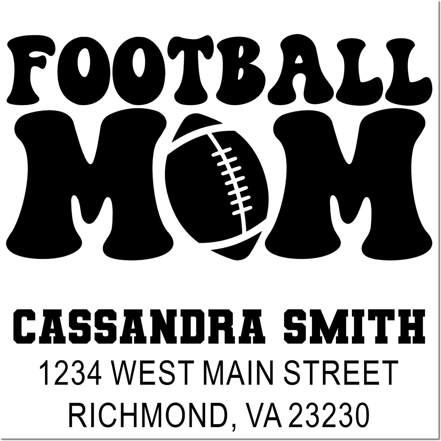 Football Mom personalized return address rubber stamp with name, street address, and football design for mailing.