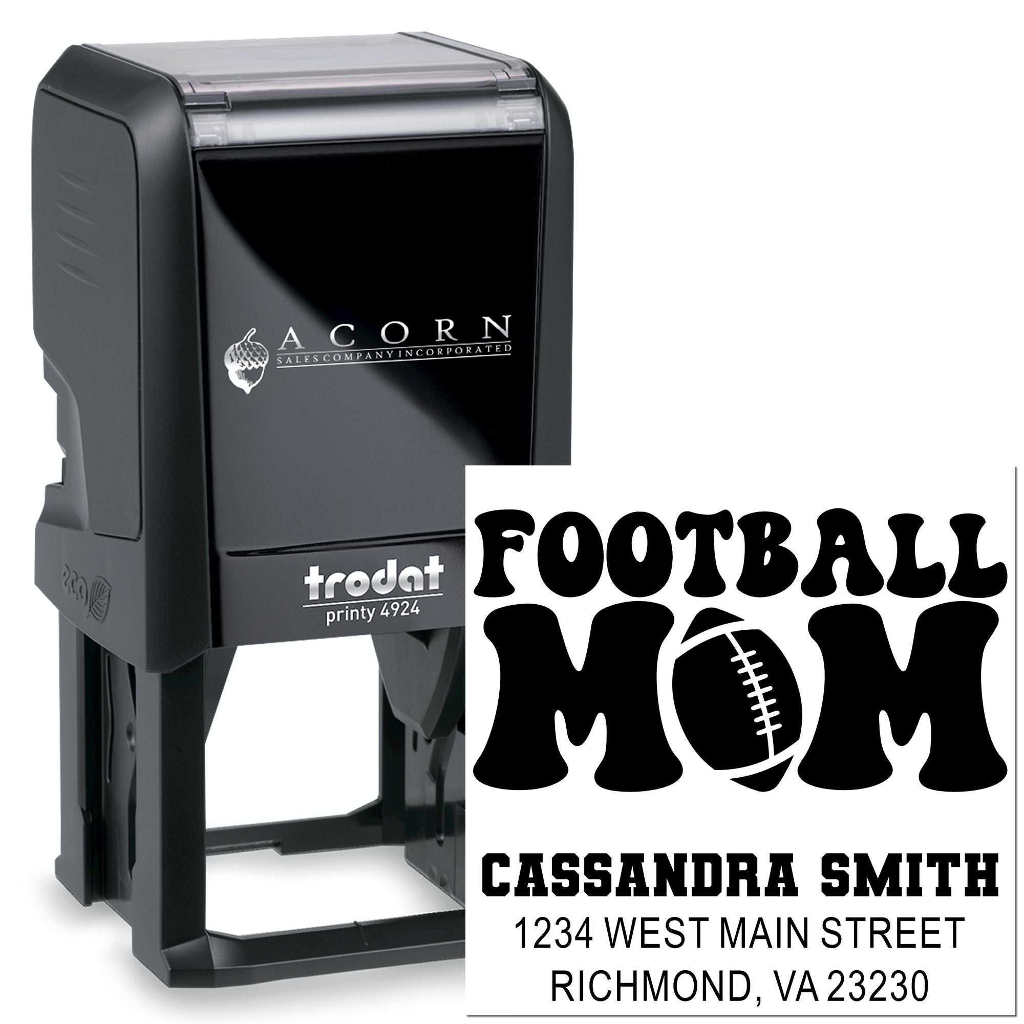 Personalized football mom self-inking rubber stamp with name and address for custom mail, school, and team crafts.