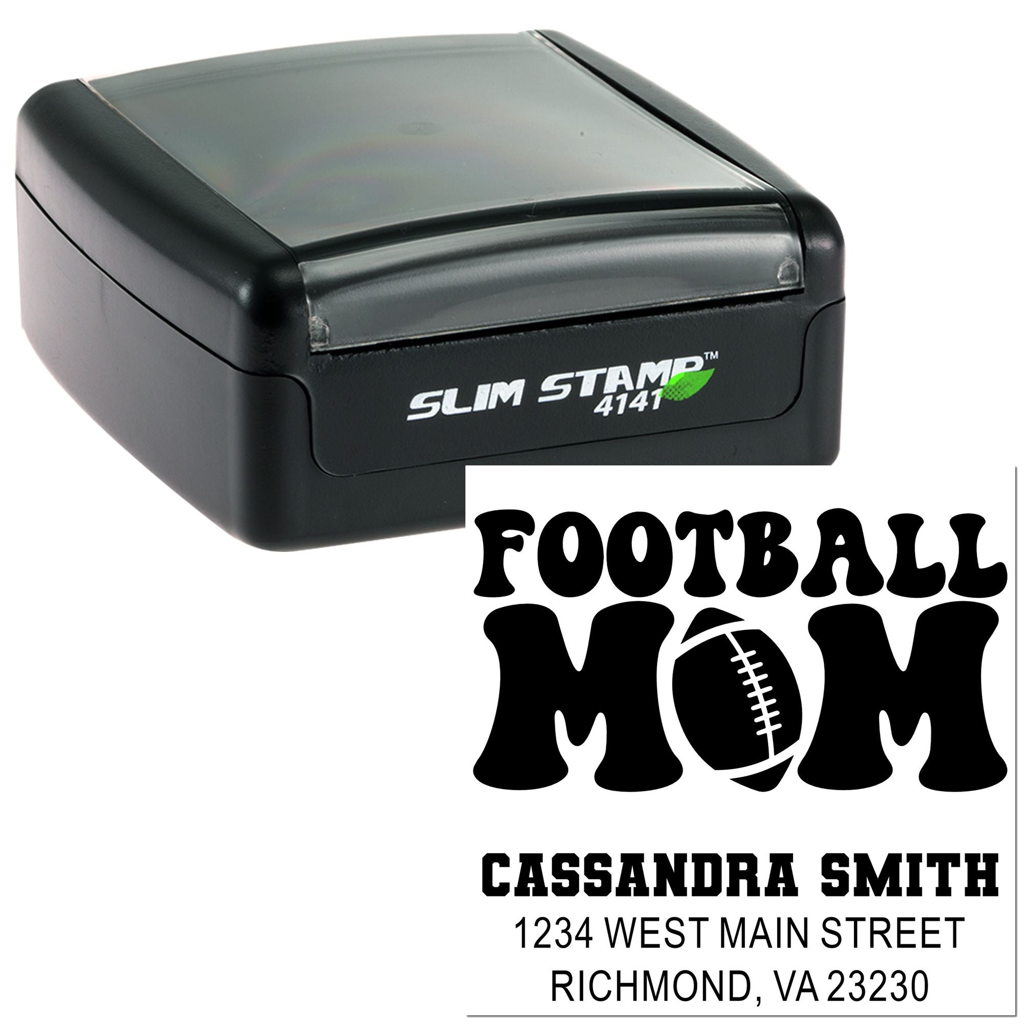 Football mom custom rubber stamp with Slim Stamp 4141 self-inking stamp and personalized name-address imprint.