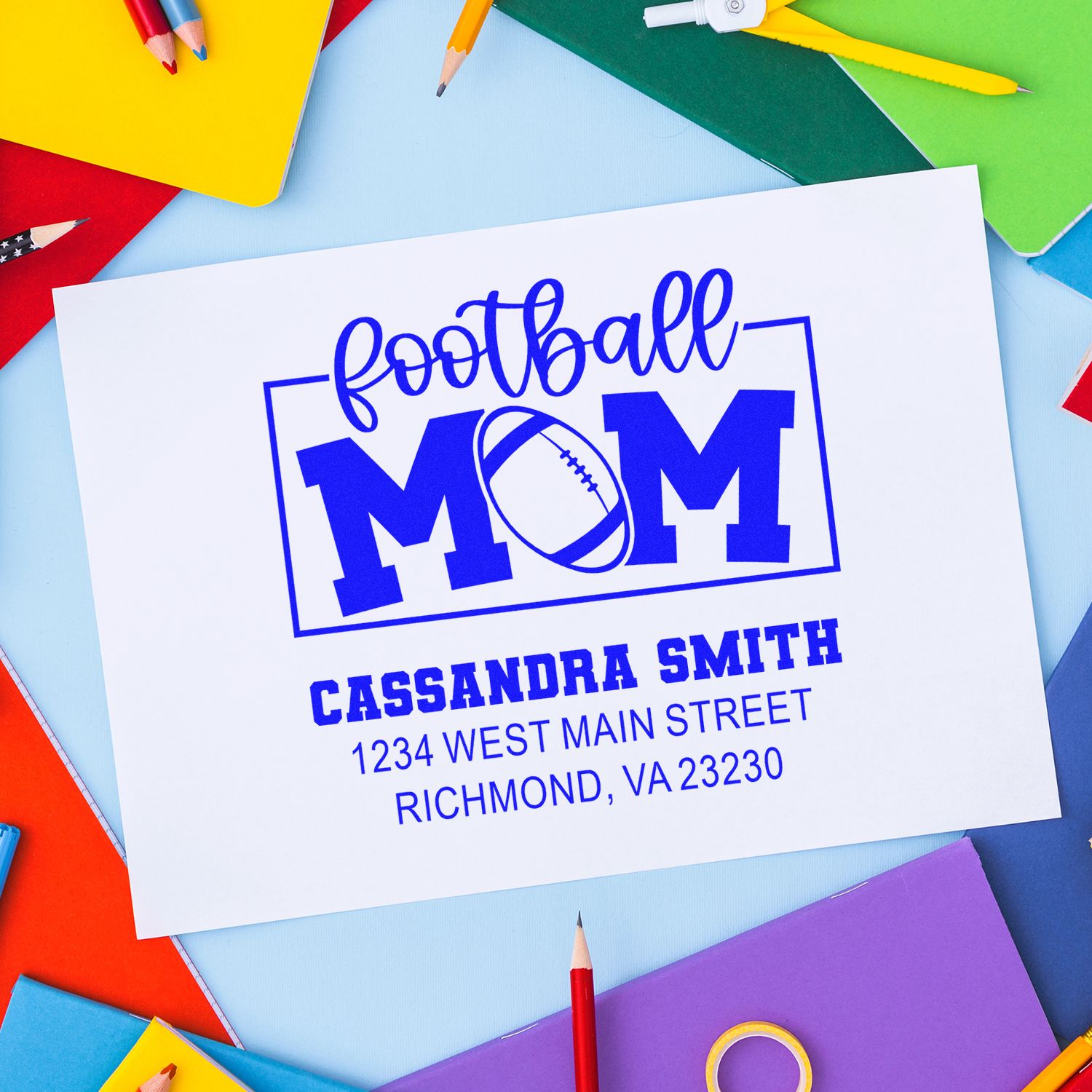 Personalized football mom rubber stamp with name and address, ideal for custom return address and sports fan stationery.