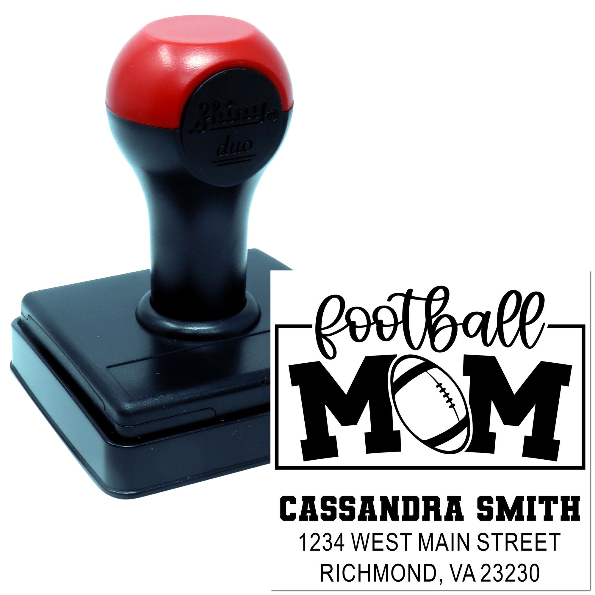 Custom self-inking rubber stamp for football mom return address, featuring football design, name and Richmond, VA address.