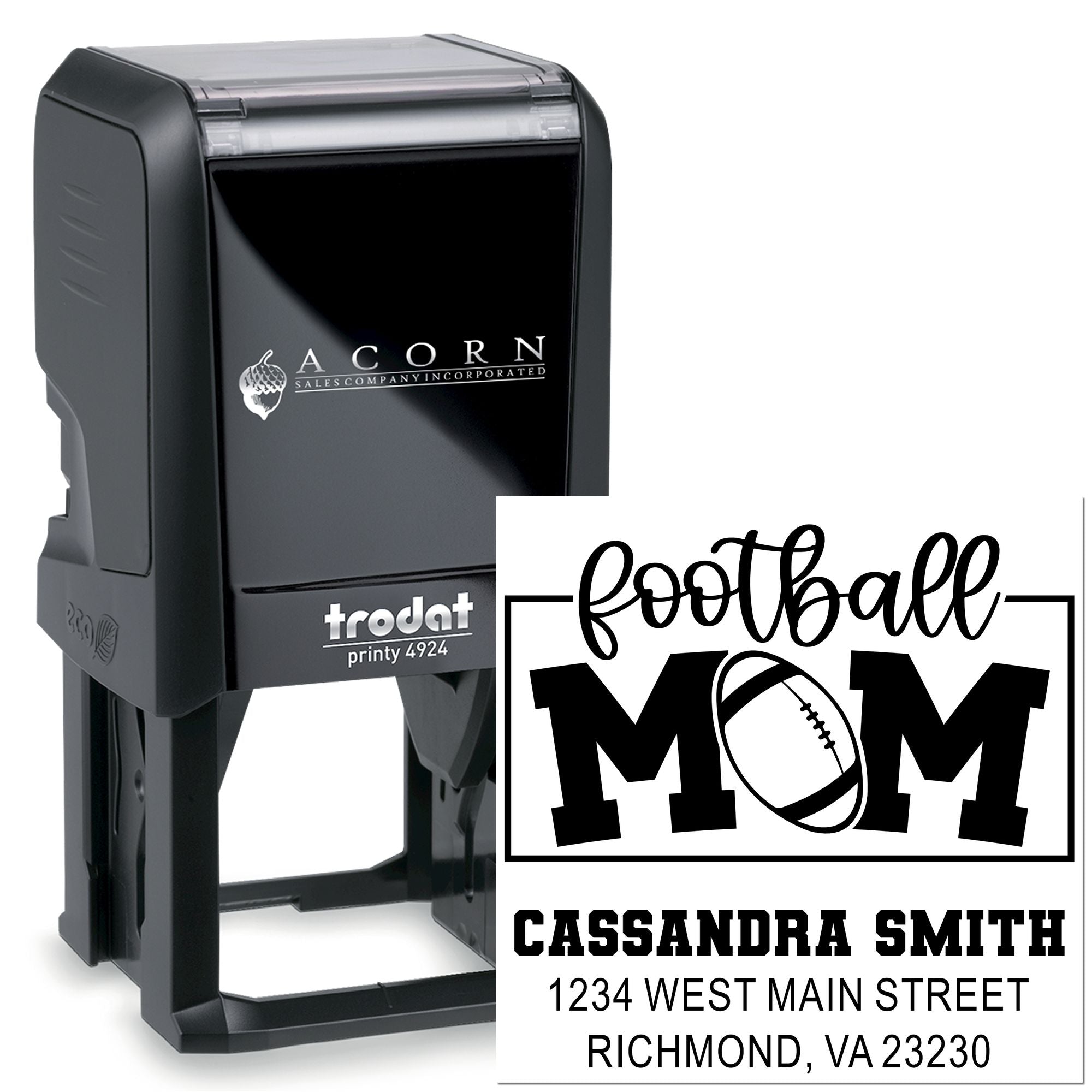 Custom self-inking rubber stamp with football mom design, name, and address imprint