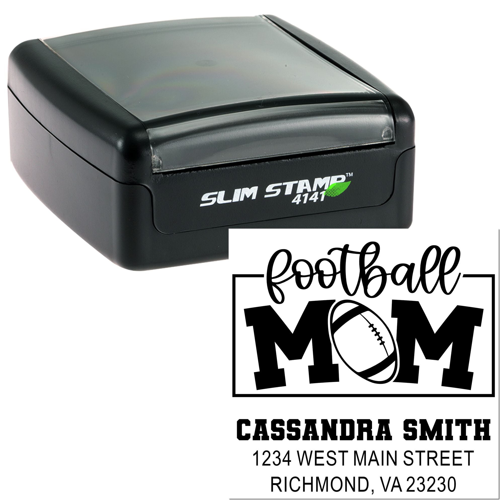 Custom slim self-inking rubber stamp with football mom design, personalized name, address, and return address imprint