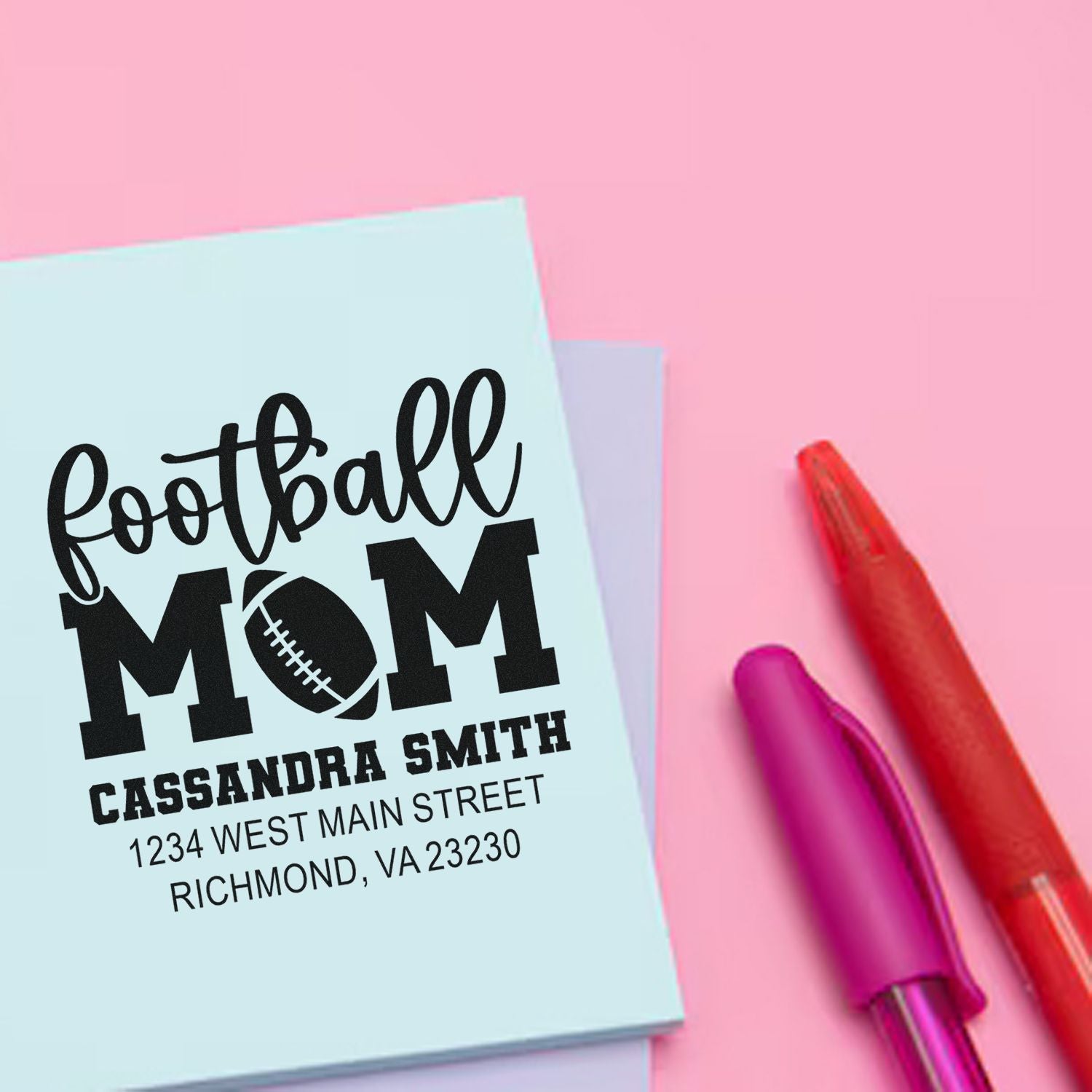 Personalized football mom rubber stamp with custom name and address for sports fan mail, team gifts, and return labels.