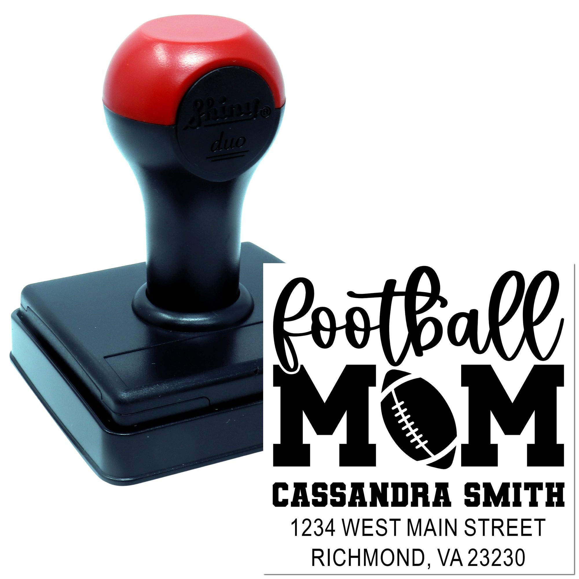 Custom self-inking rubber stamp with football mom design and address, ideal for personalized sports cards, crafts, and mailing.