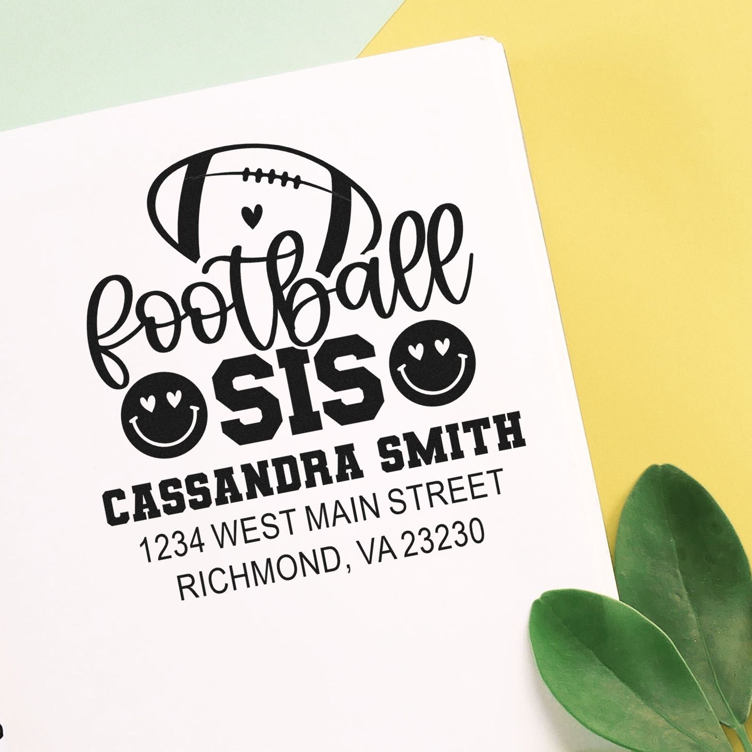 Personalized football sis return address rubber stamp with custom name and address for sports-themed mailing.