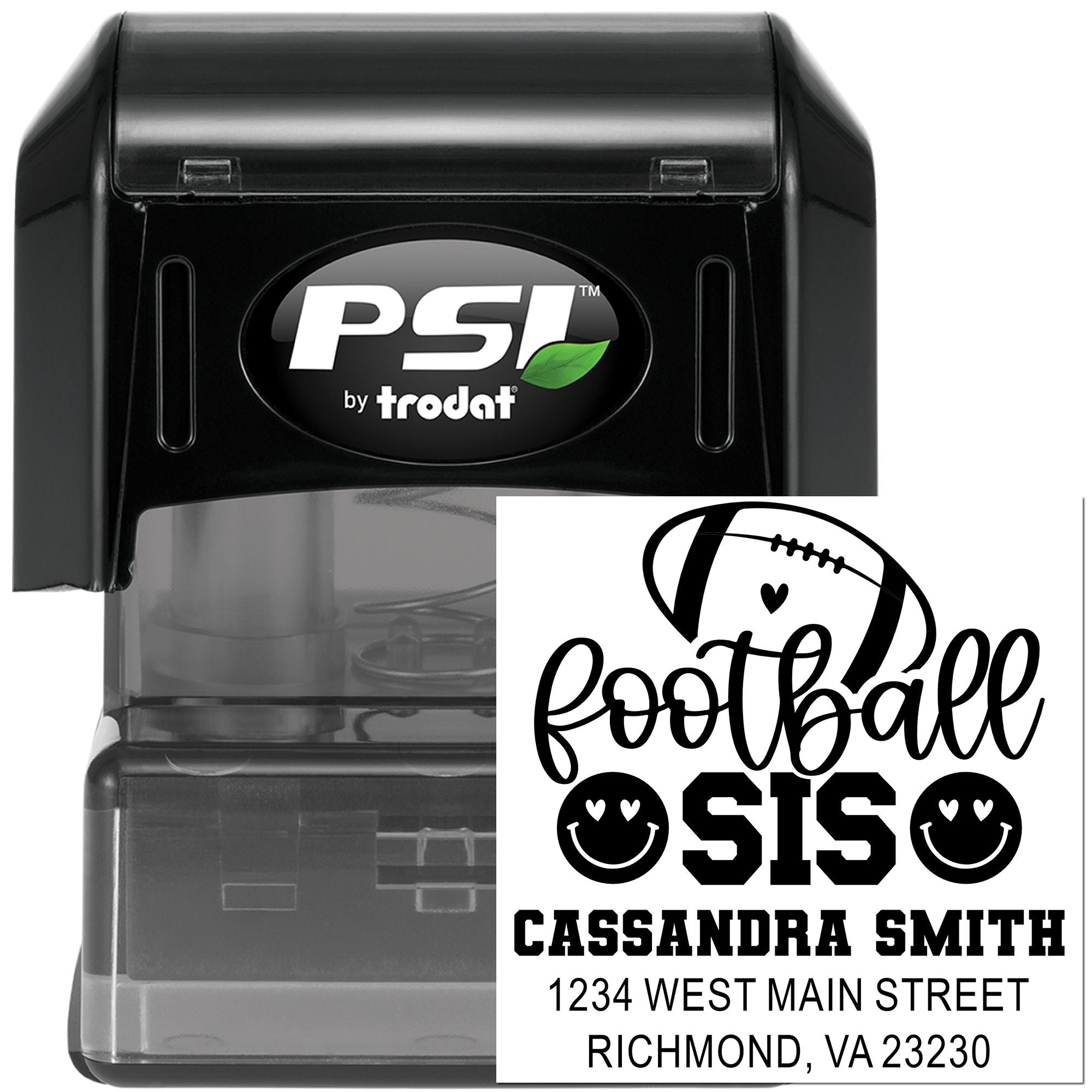 Personalized football return address rubber stamp with PSI by Trodat self-inking stamp, featuring name and address.