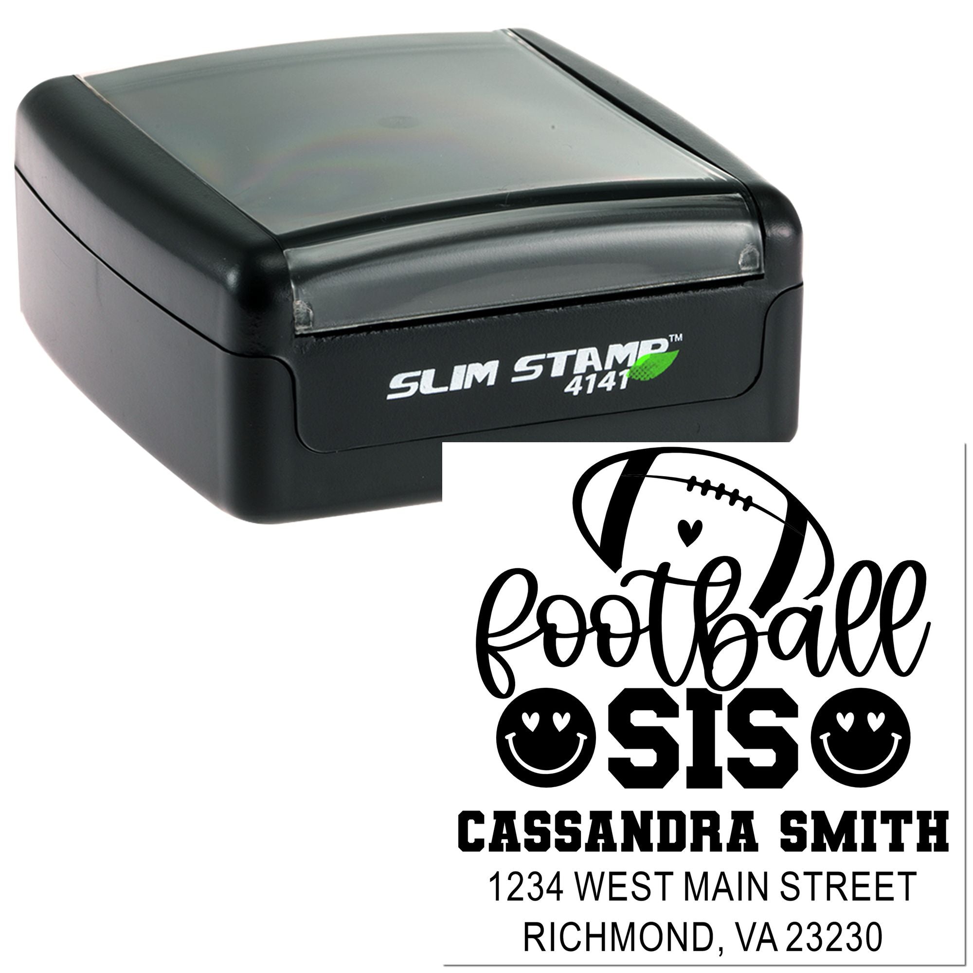 Custom self-inking rubber stamp with football sis design, name, and address for personalized mailing and gifts.