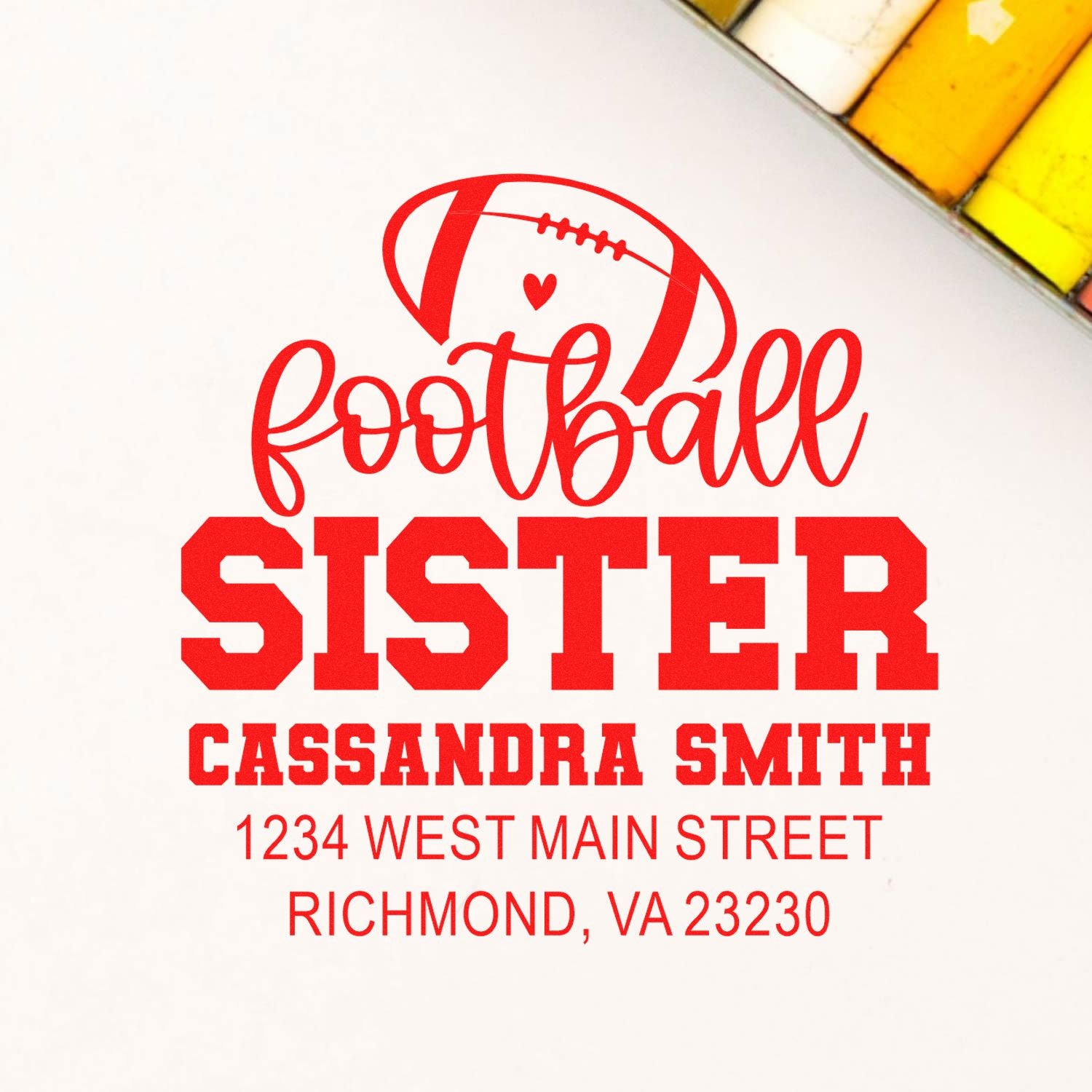 Custom football sister rubber stamp with personalized name and address for sports fan gifts and stationery.