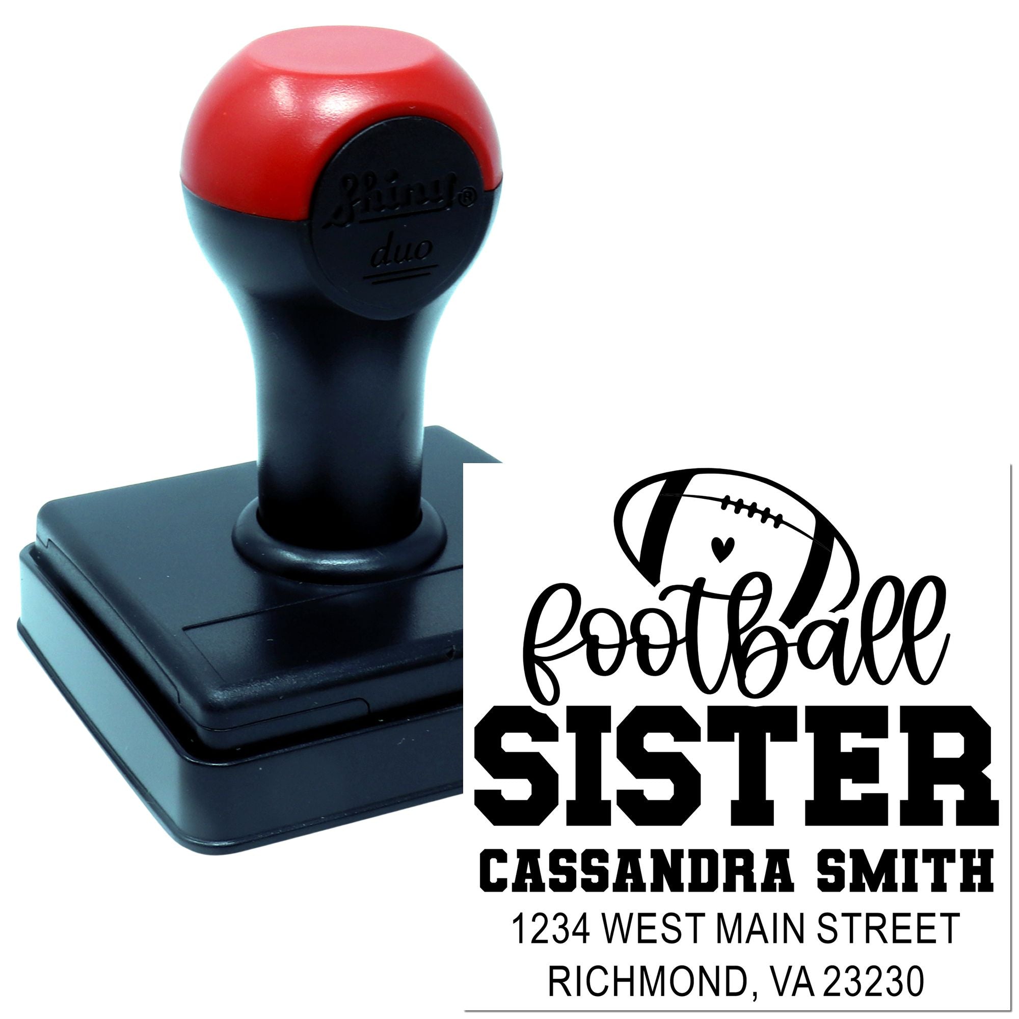Custom football sister rubber stamp with self-inking handle and personalized name, address, and logo imprint