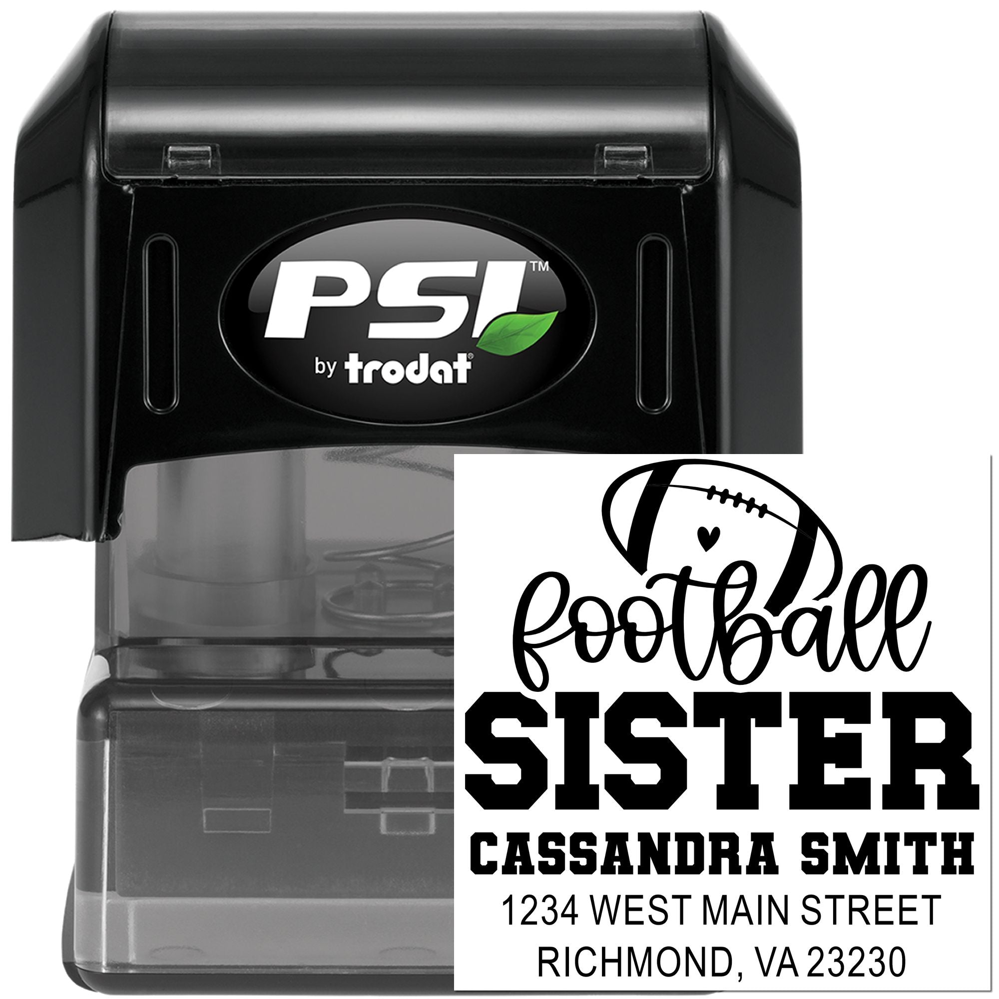 Custom football sister self-inking address rubber stamp by PSI by trodat with name and Richmond, VA imprint.