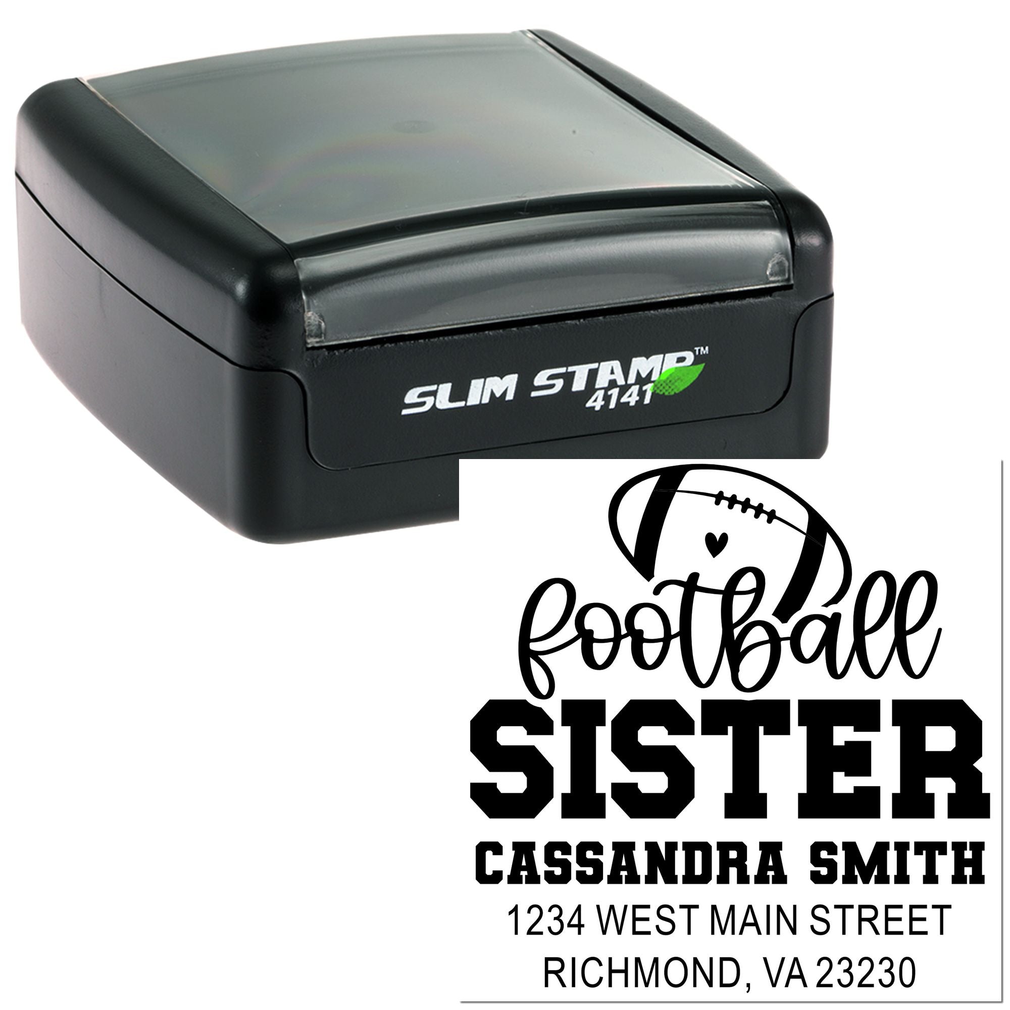 Custom football sister self-inking address rubber stamp for personalized mailing, crafts, and team-themed stationery.