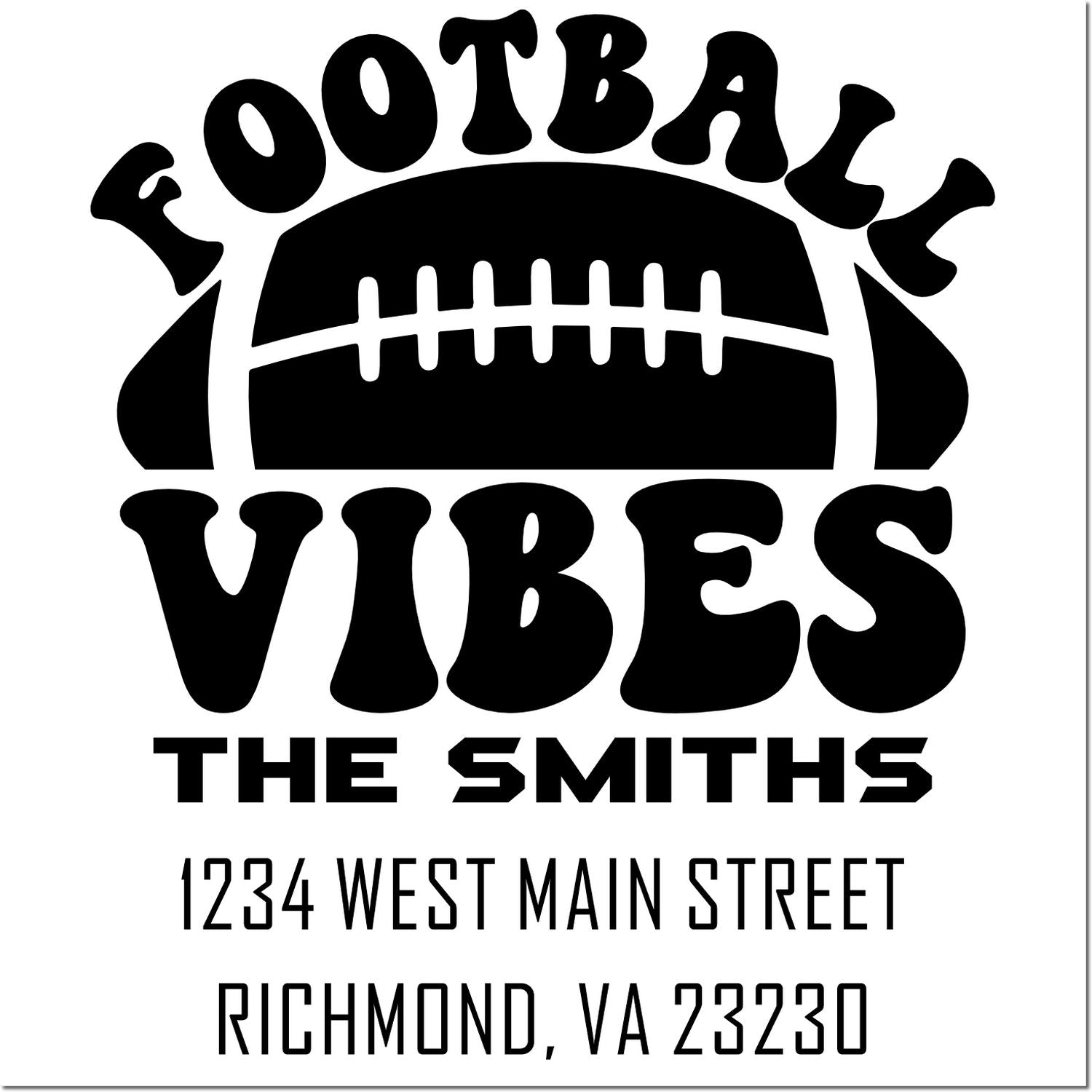Custom football-themed return address rubber stamp for The Smiths, 1234 West Main Street, Richmond, VA 23230.