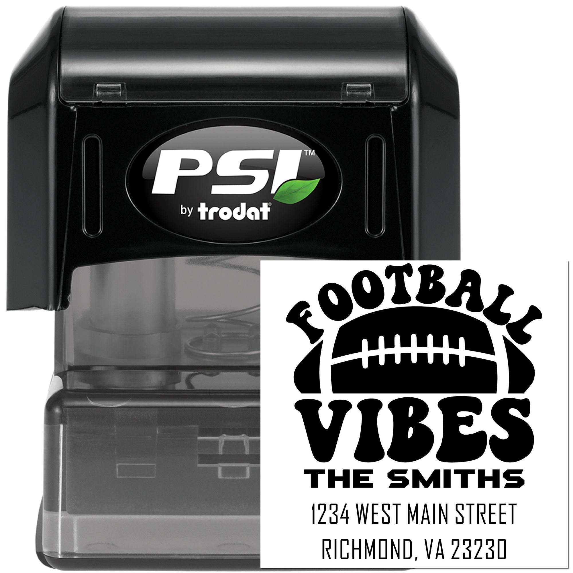 PSI by Trodat self-inking custom football rubber stamp with Football Vibes design and Smiths return address imprint.