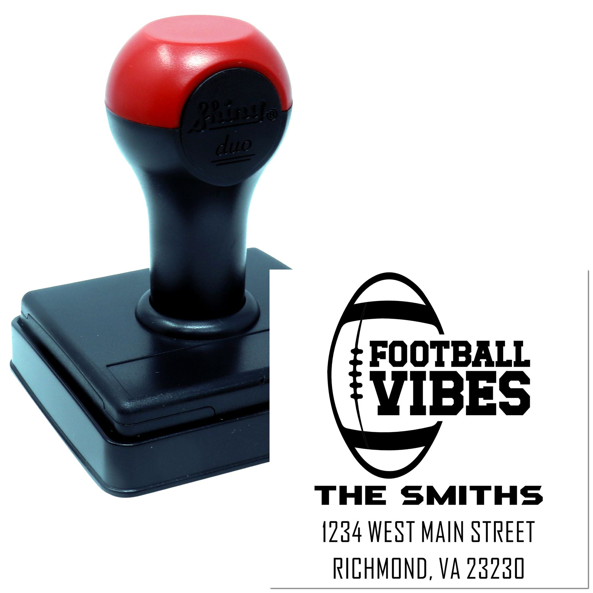 Custom self-inking football vibes rubber stamp with The Smiths return address in Richmond, VA.