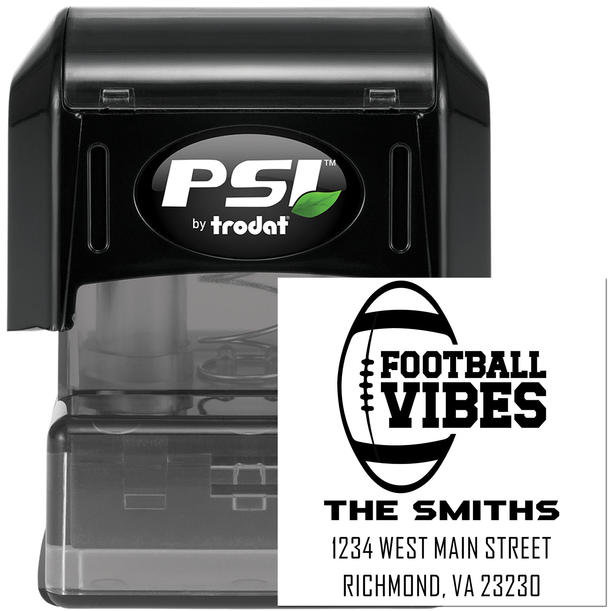 Custom football-themed address rubber stamp with PSI by Trodat, featuring Football Vibes logo and The Smiths return address.