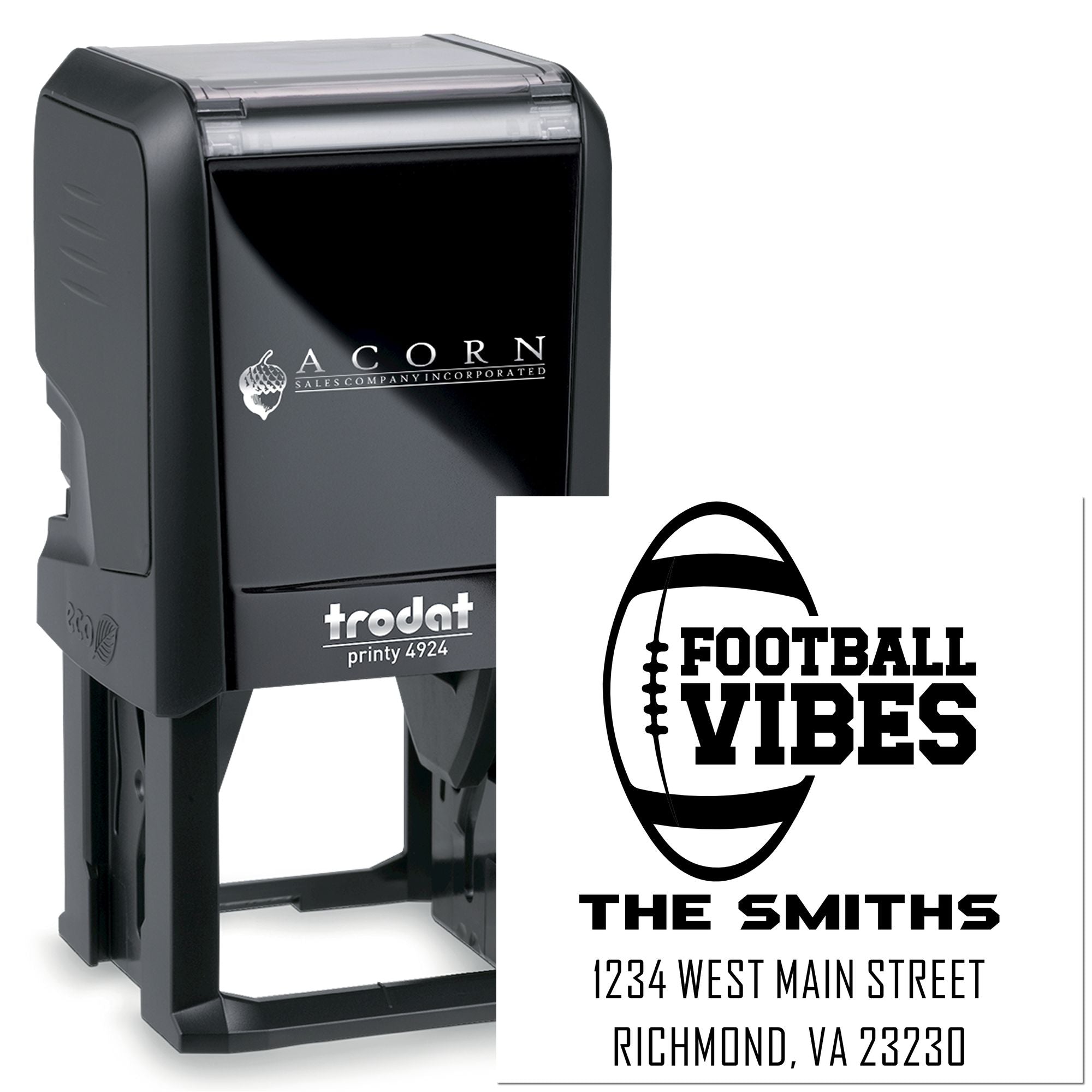 Trodat Printy 4924 custom self-inking rubber stamp with football vibes return address design for personalized mailing.