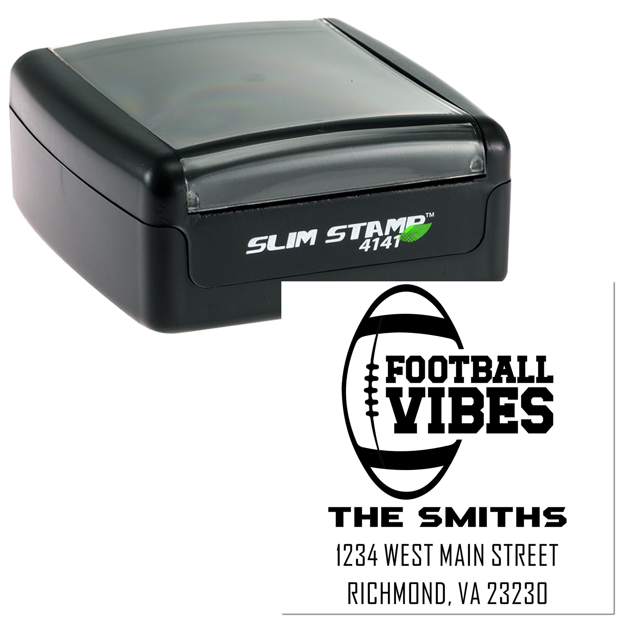 Slim Stamp 4141 self-inking rubber stamp with custom football vibes return address design for The Smiths.
