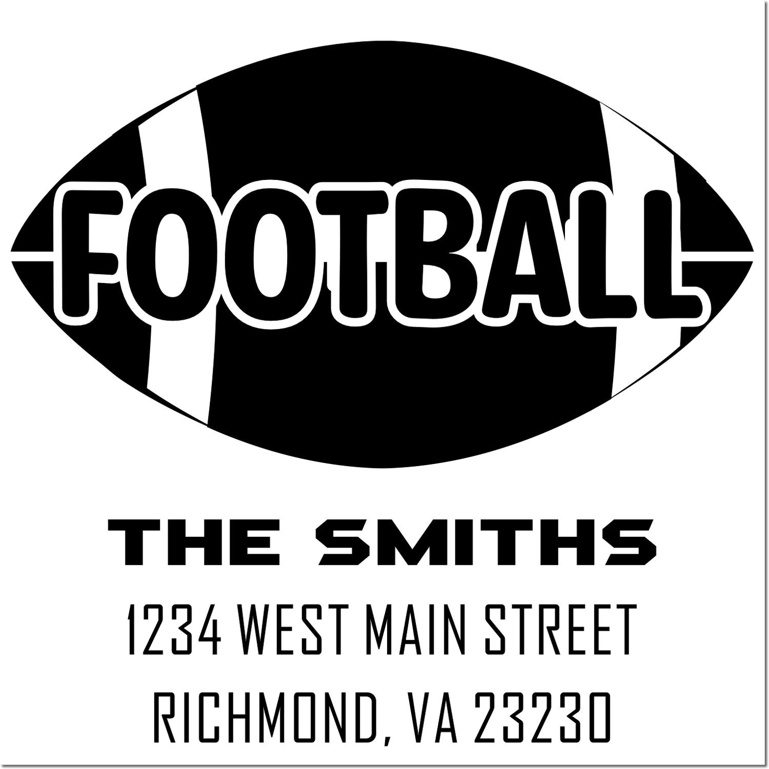 Custom football-shaped rubber stamp with FOOTBALL logo, The Smiths, and Richmond, VA address for branding and packaging.