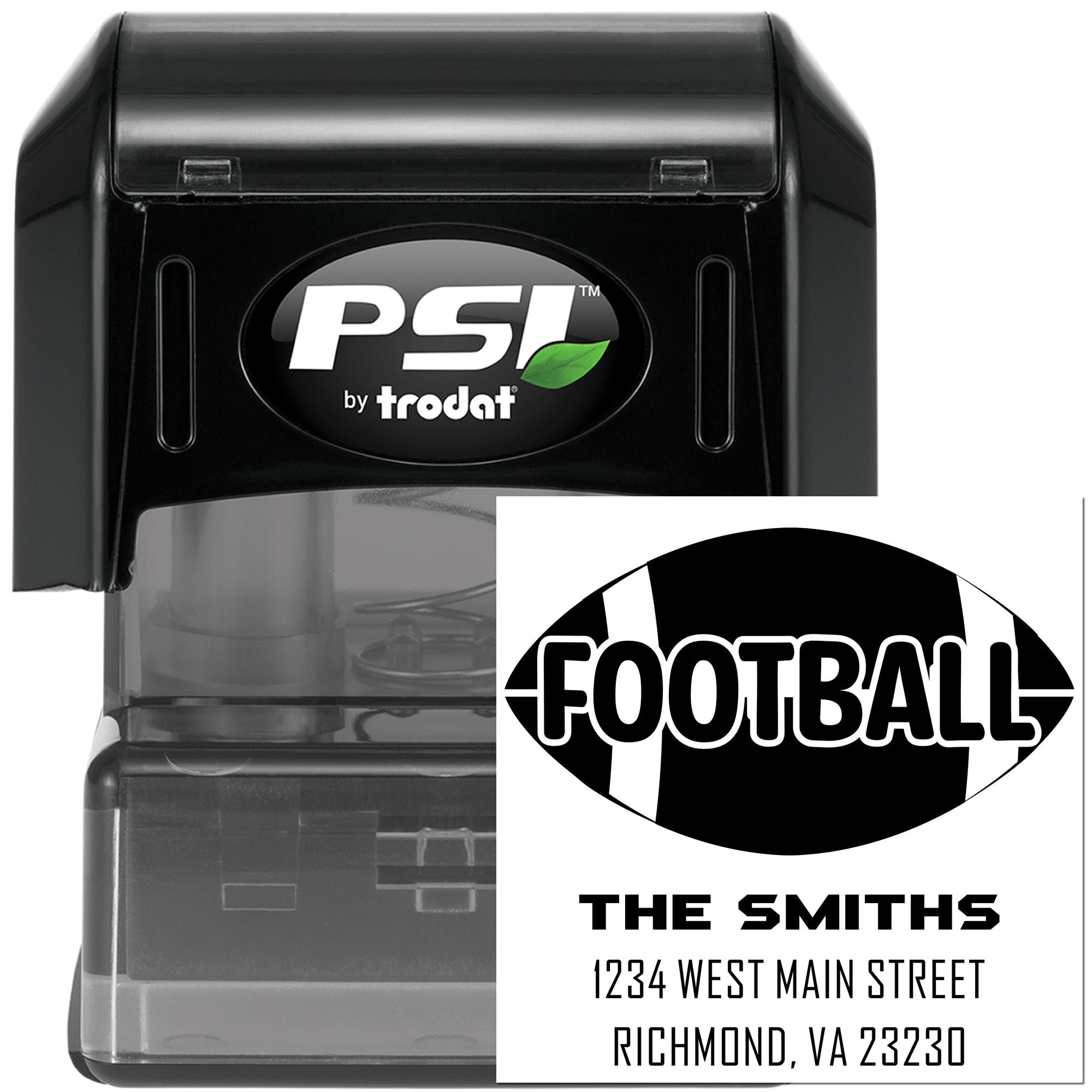 Custom football self-inking rubber stamp by PSI by Trodat with name and address for personalized mail.