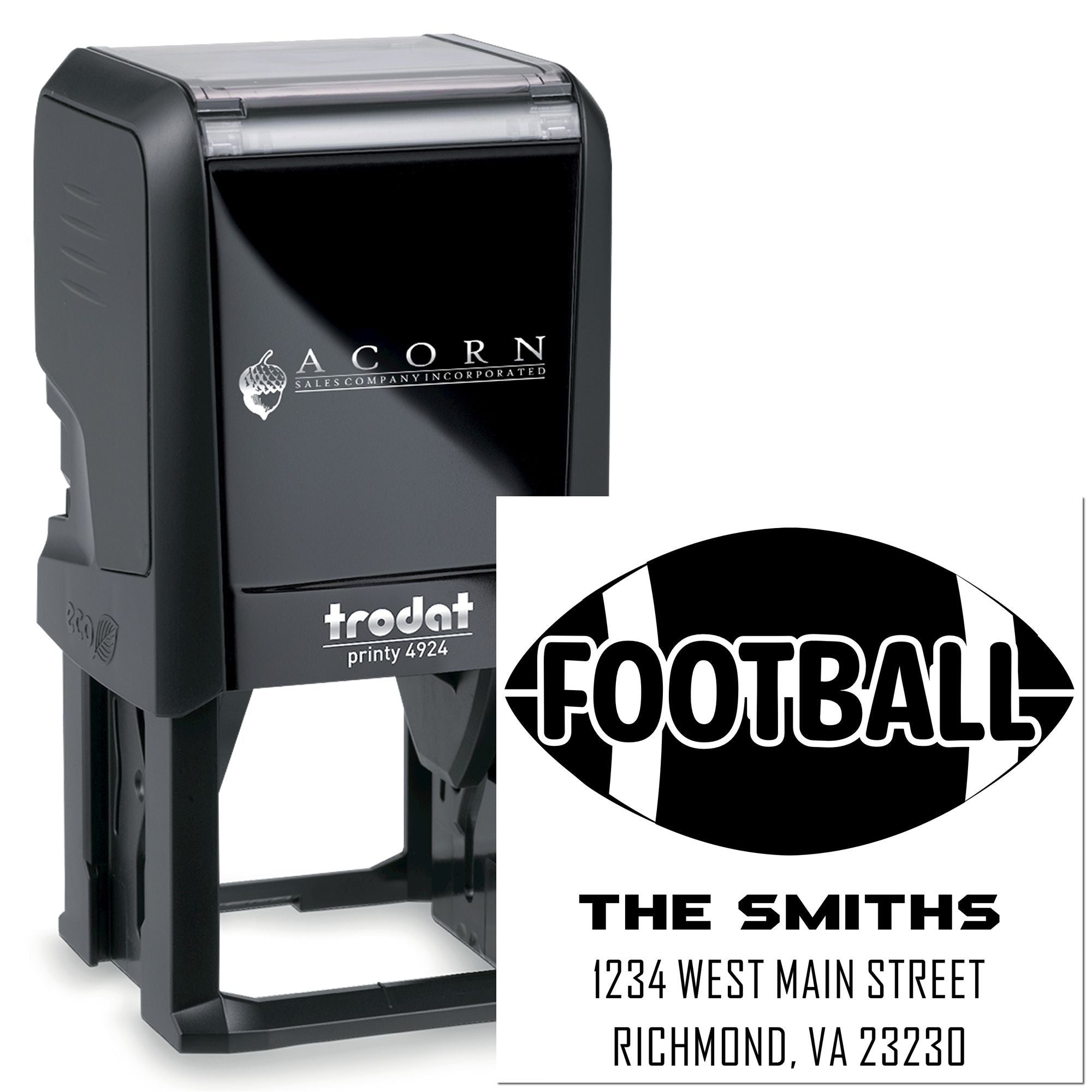 Custom self-inking rubber address stamp with football logo, business name and address, Trodat Printy 4924