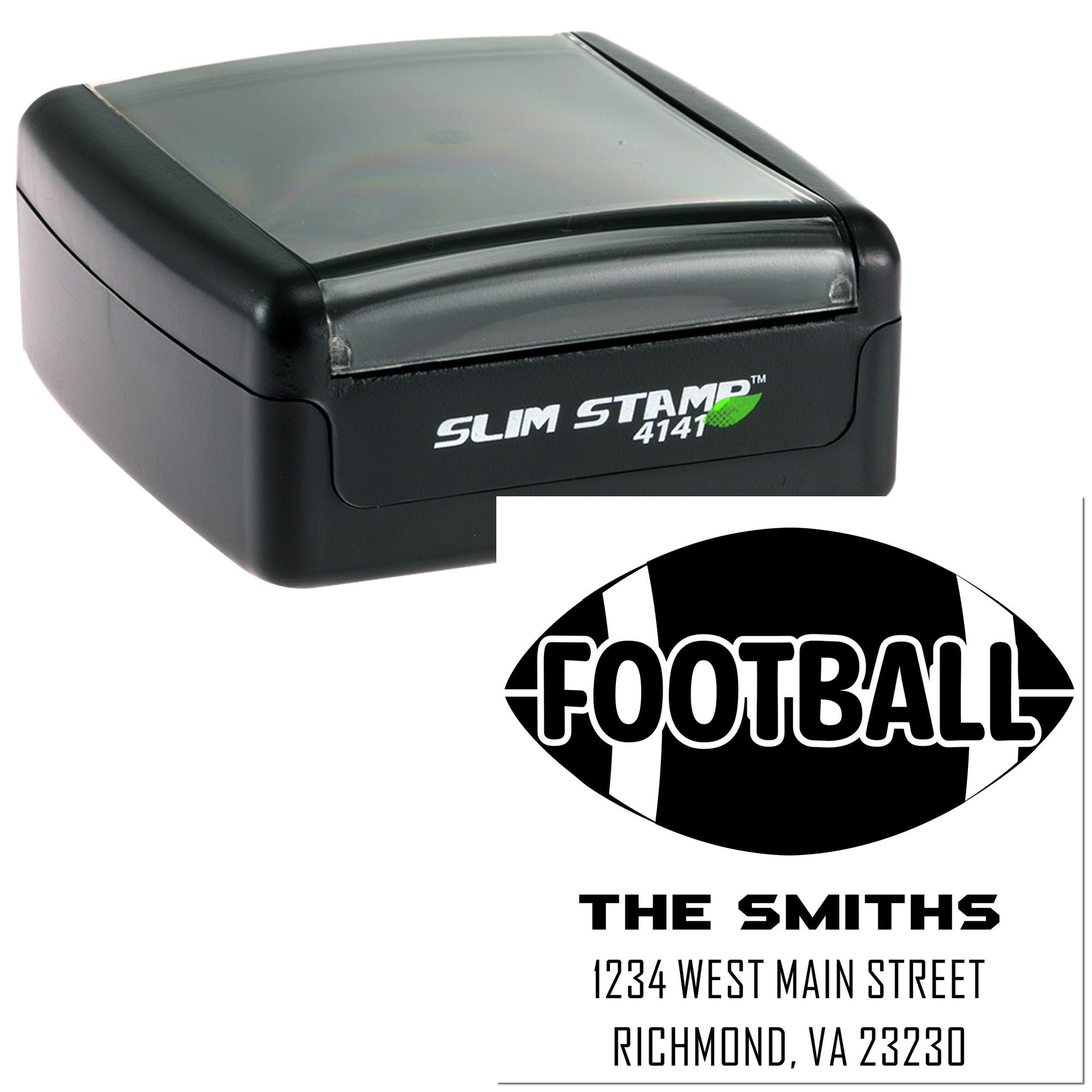 Slim self-inking football rubber stamp with custom family address design for personalized mailing and sports-themed stationery