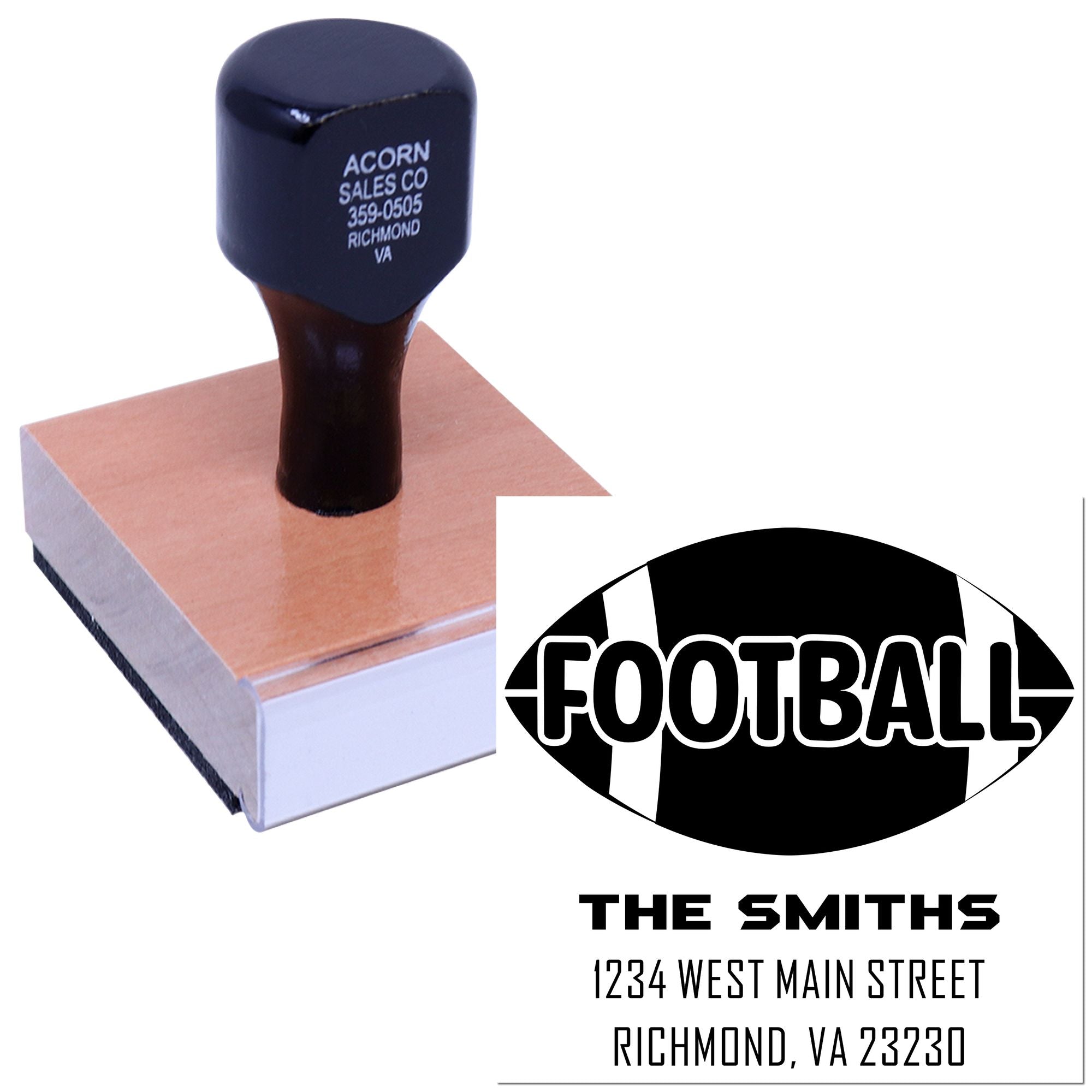 Custom football rubber stamp with personalized team logo and address for sports mailings, fan gifts, and branding.