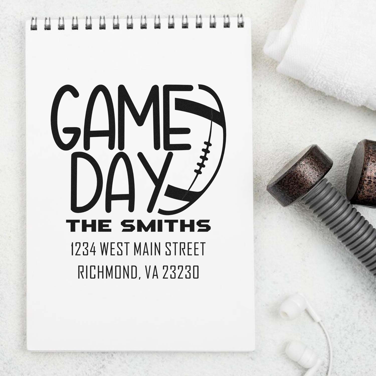 Personalized game day rubber stamp with football design for The Smiths, featuring custom address and Richmond, VA.