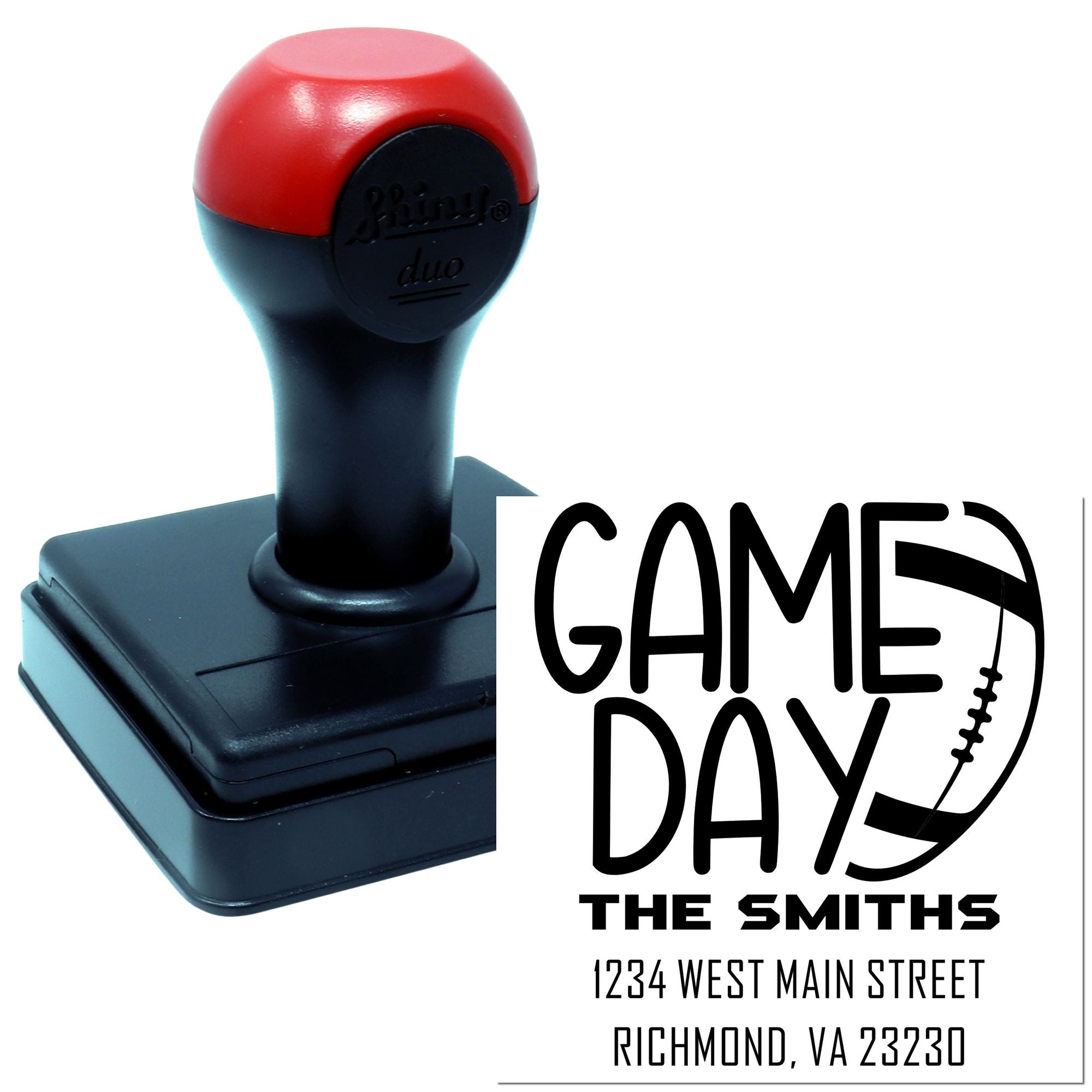Custom self-inking rubber stamp with Game Day return address for personalized sports party mailings.