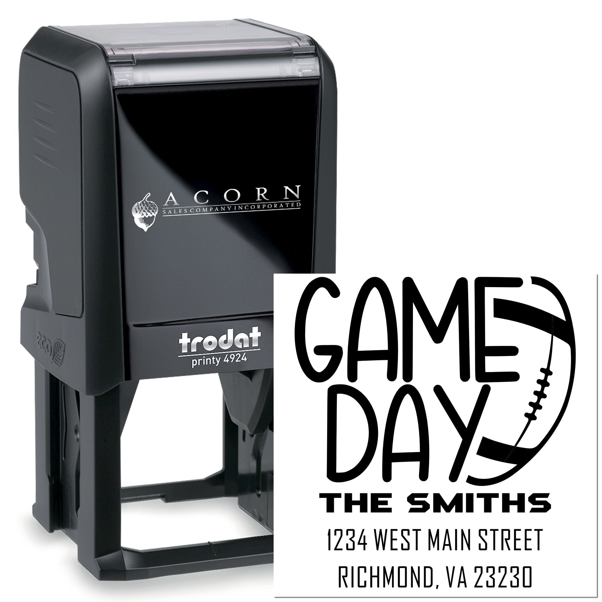 Custom self-inking rubber stamp with Game Day design, family name, and address imprint for The Smiths.