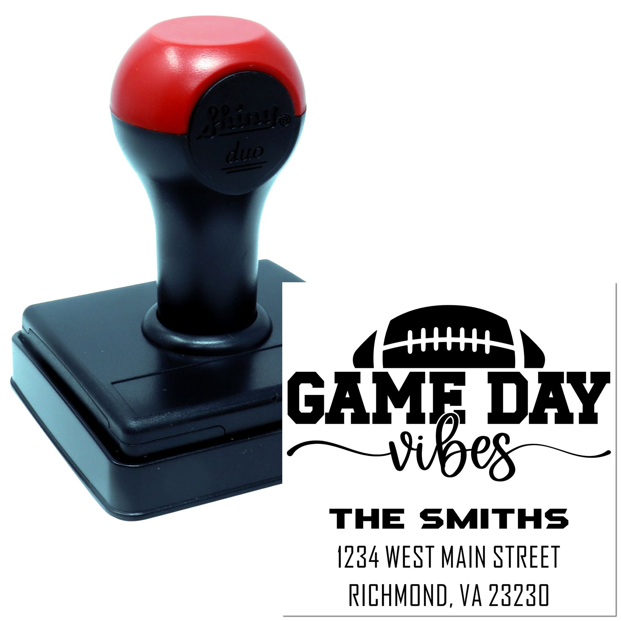 Custom self-inking rubber stamp with football Game Day vibes design and return address for personalized sports mailings.