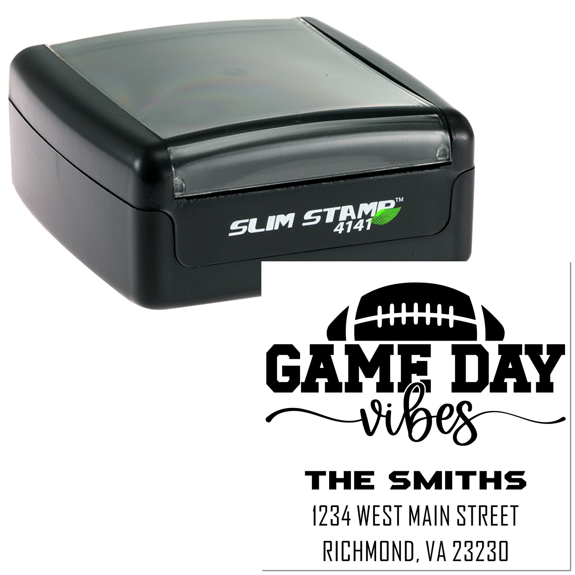 Custom self-inking football rubber stamp with Game Day vibes design and address imprint, shown in Slim Stamp compact case.