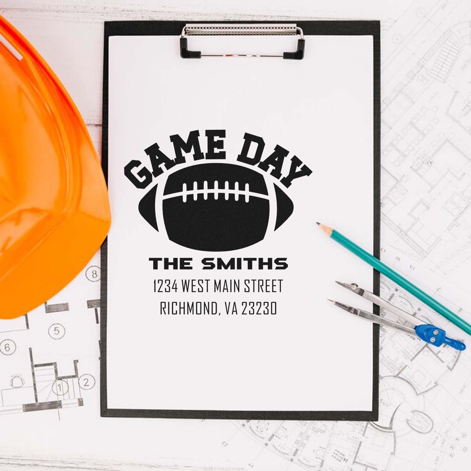 Custom football game day rubber stamp design with family name and address for personalized stationery and event branding