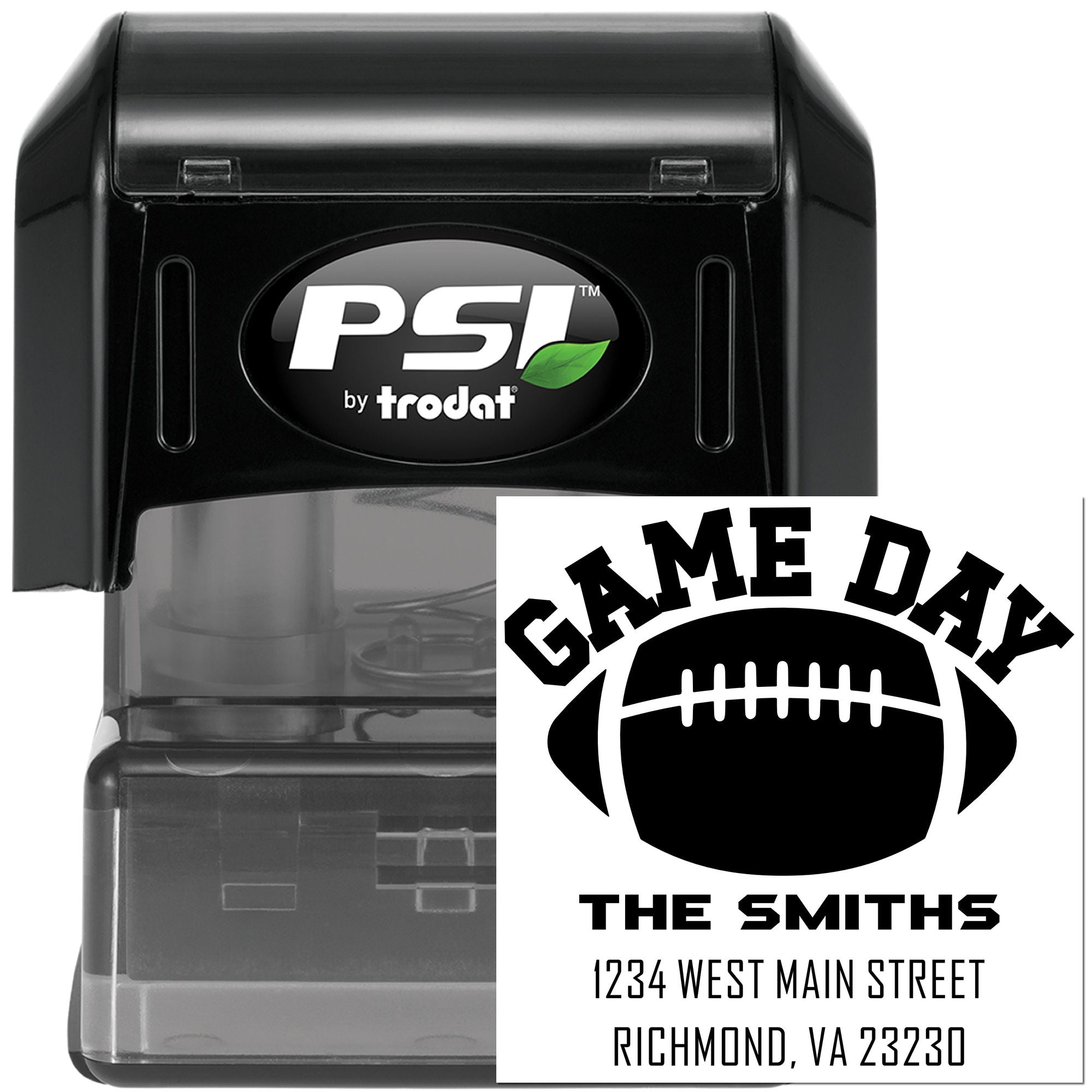 Custom PSI by Trodat rubber stamp with Game Day football design and The Smiths return address, ideal for sports-themed mailing.