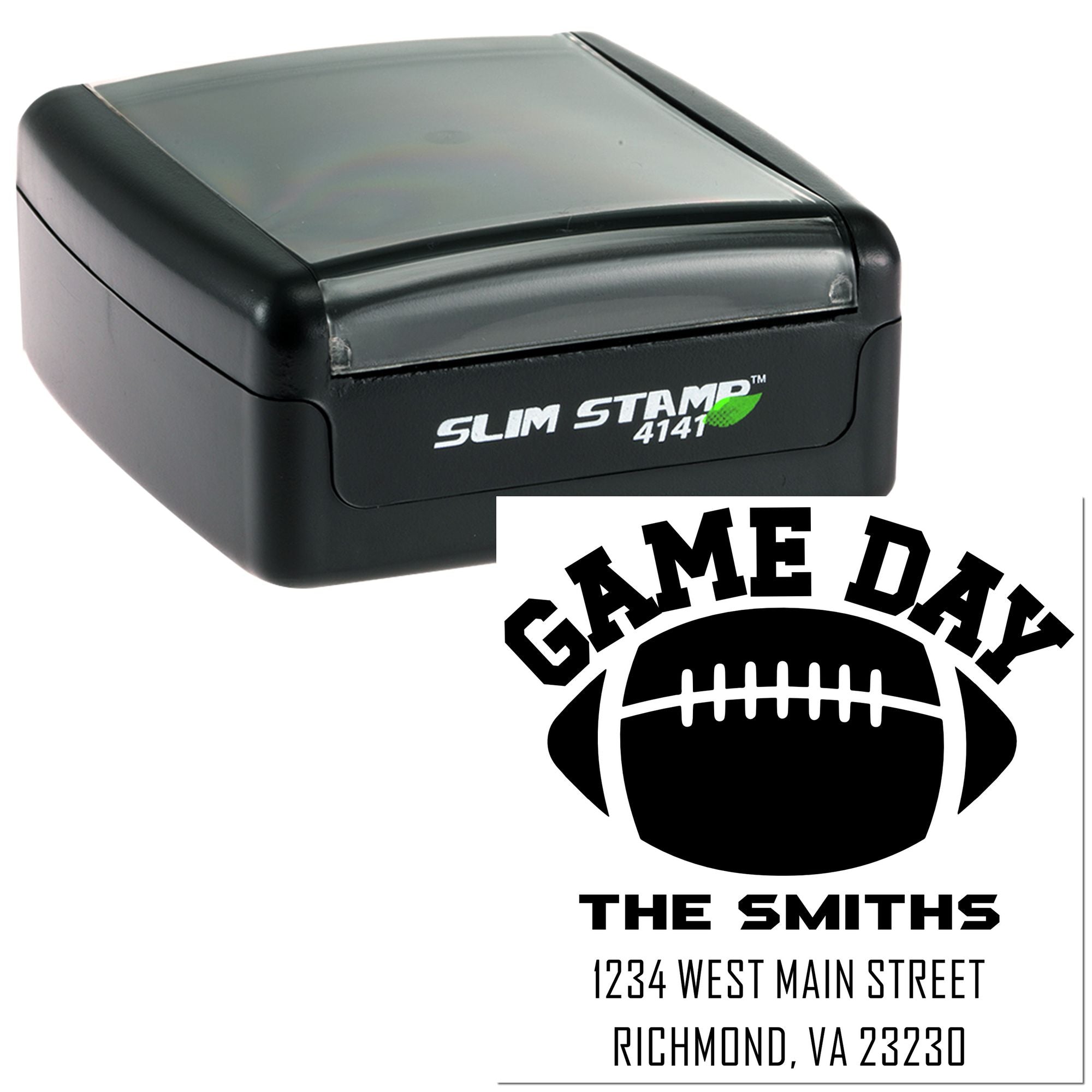 Custom self-inking Slim Stamp rubber stamp with football game day design, family name, and address for personalized mailing.