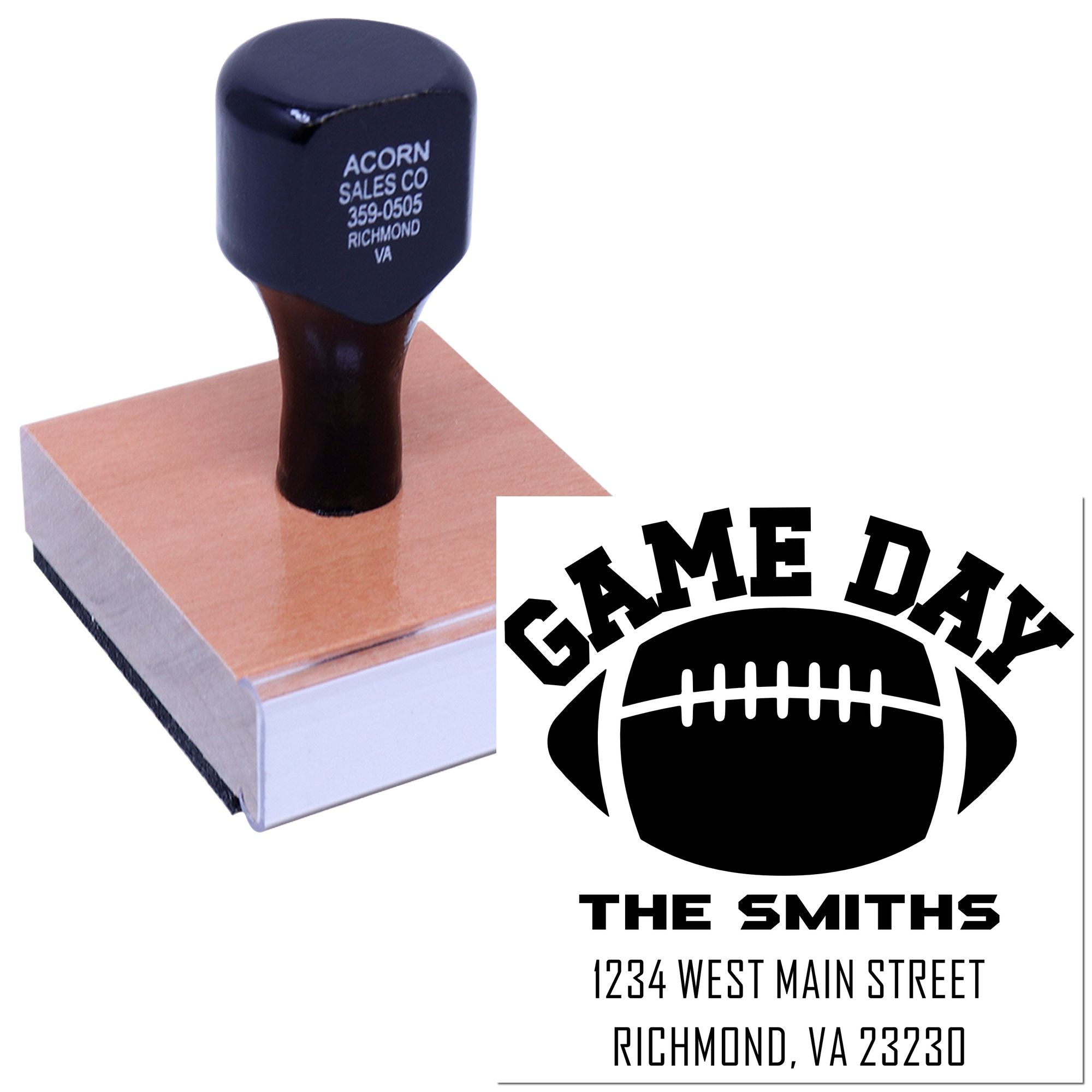 Custom football game day address stamp for The Smiths, a personalized rubber stamp for mail, invitations, and fan gifts.