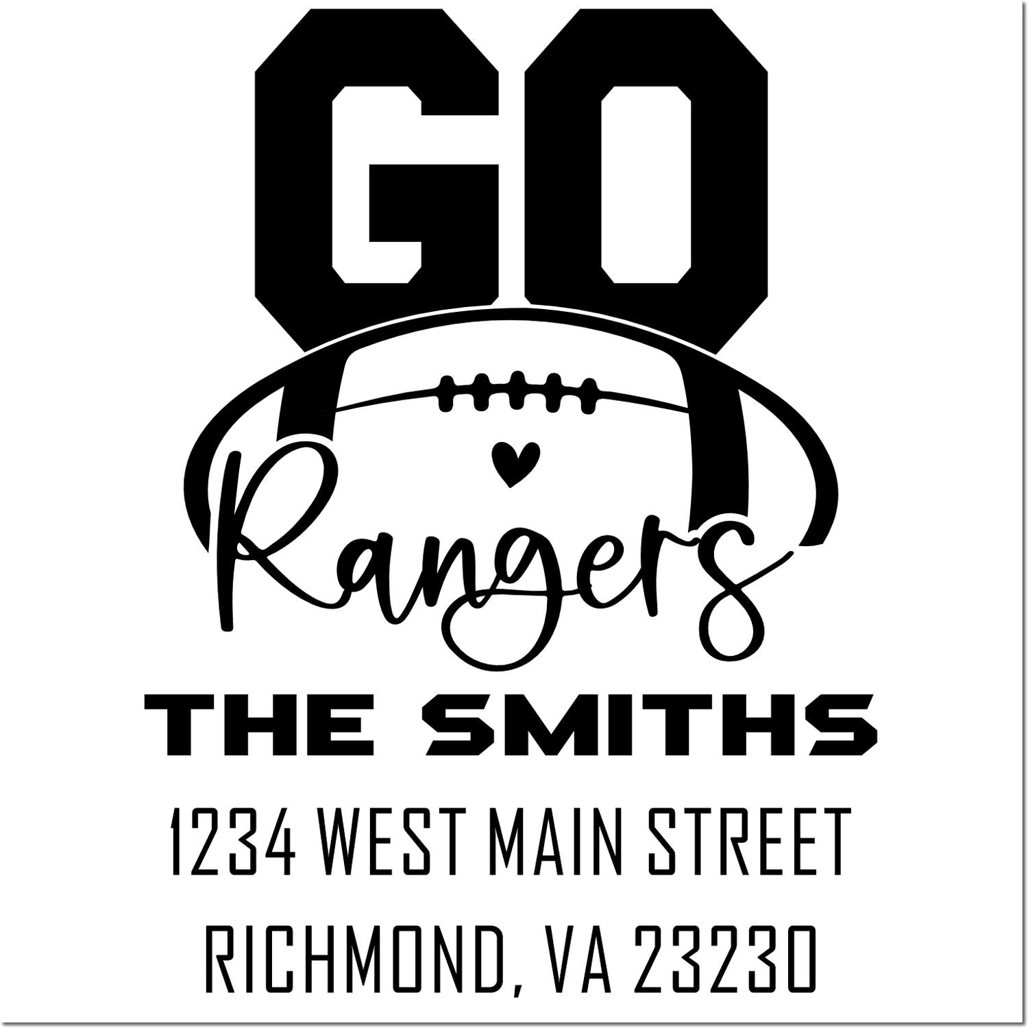 Custom GO Rangers football rubber stamp with The Smiths return address, 1234 West Main Street, Richmond, VA 23230.