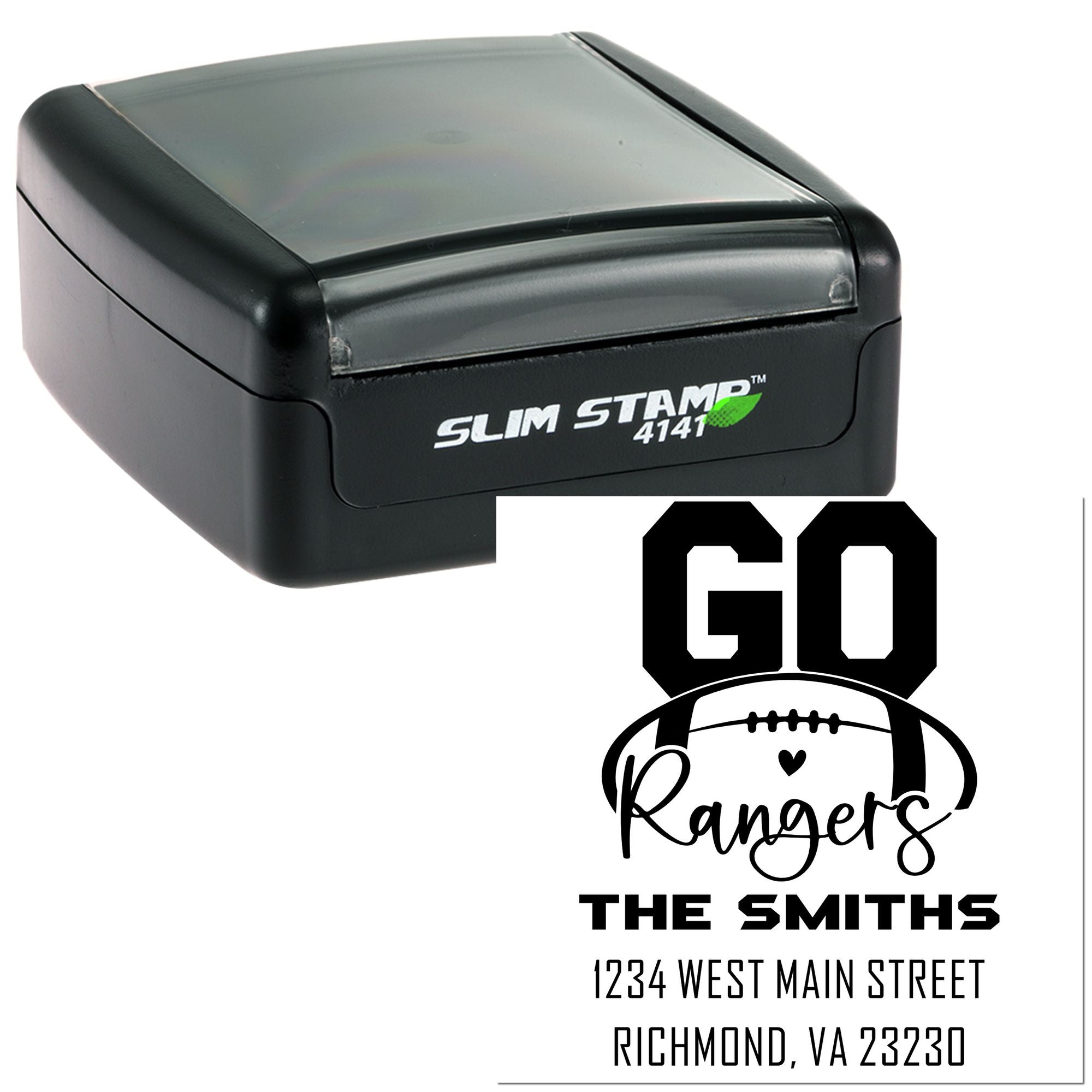 Custom football return address rubber stamp with Rangers design, The Smiths, Richmond, VA on Slim Stamp self-inking stamp.
