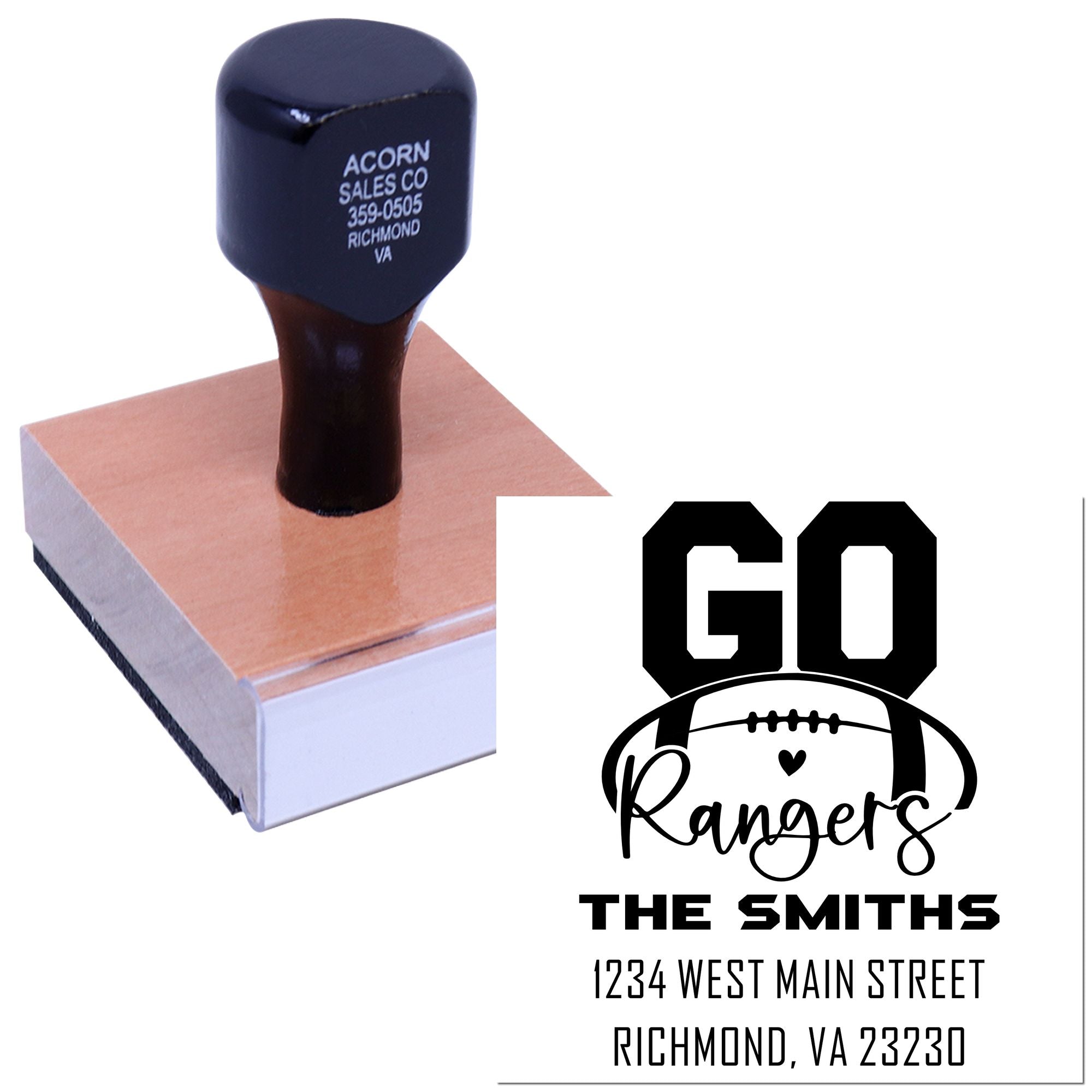 Custom rubber address stamp for The Smiths with Go Rangers football design, name, street address and Richmond, VA.