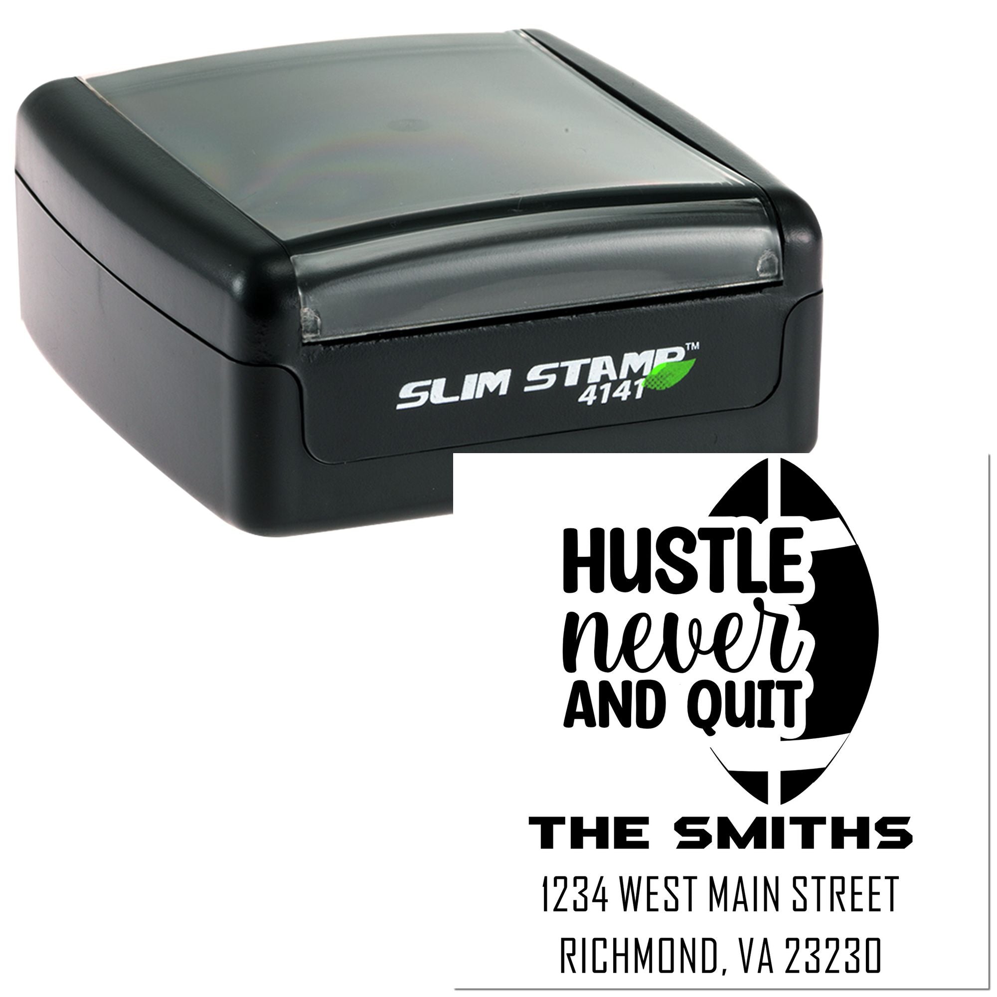 Custom rubber address stamp with Hustle Never Quit design, The Smiths name, and Richmond, VA return address.